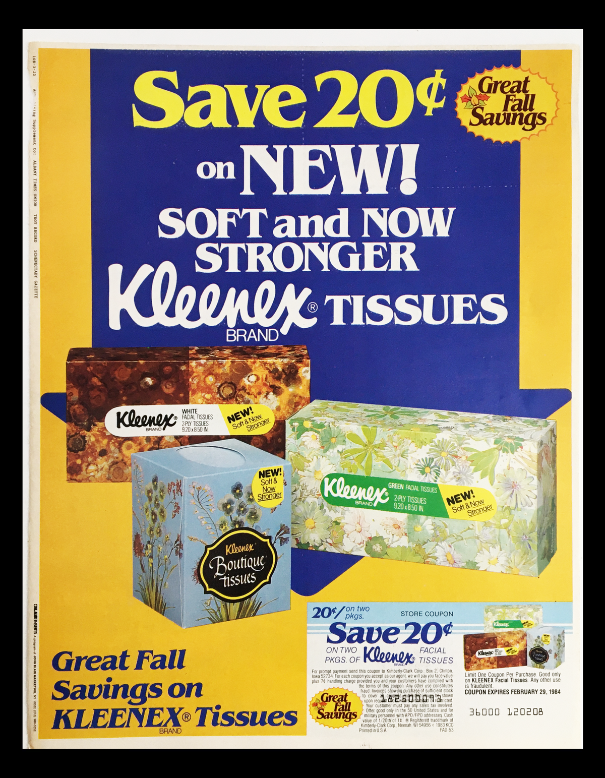 1983 Kleenex Brand Tissues Circular Coupon Advertisement showcasing multiple styles of Kleenex tissue boxes with promotional savings and vibrant colors.