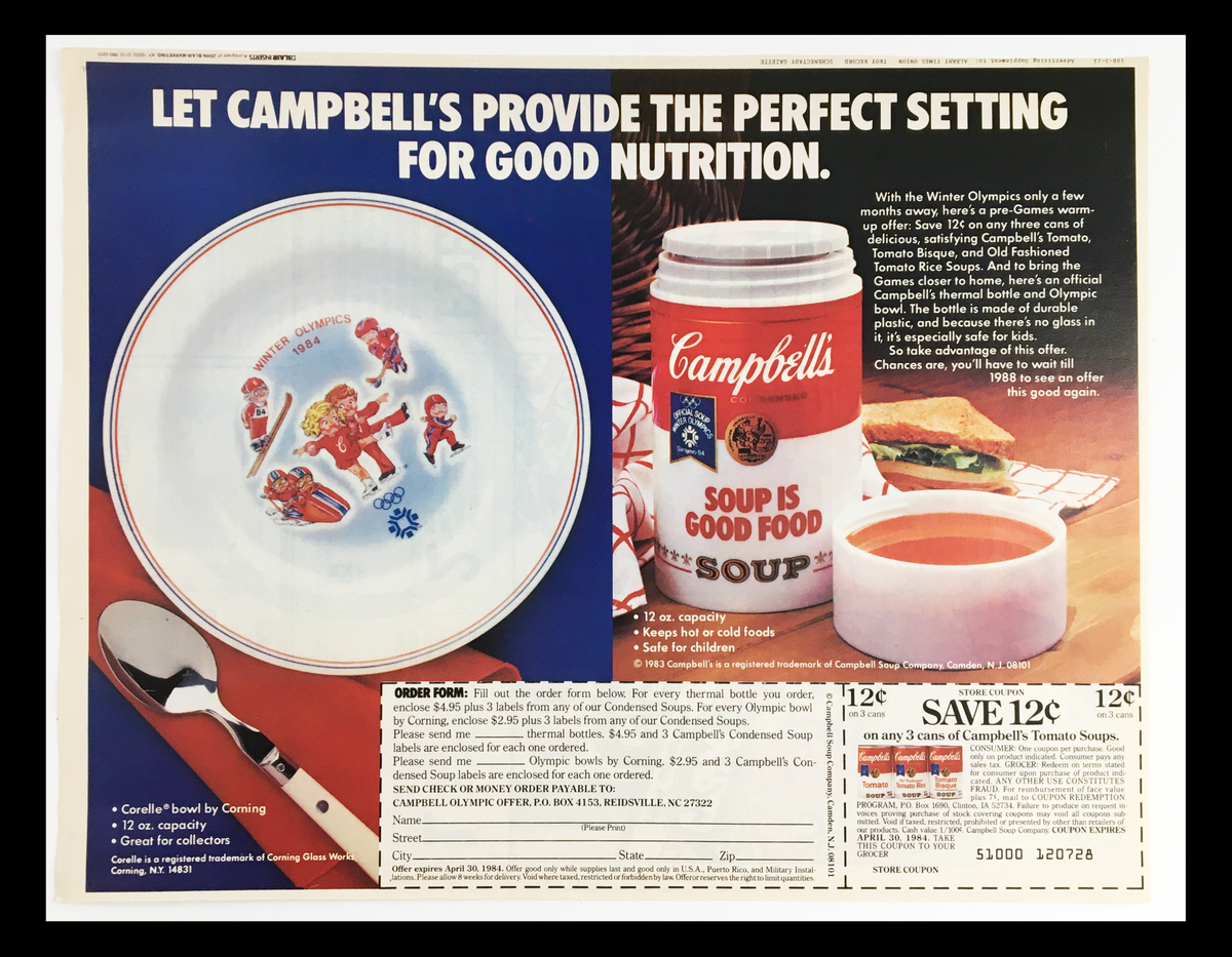 1983 Campbell's Official Winter Olympics Soup Circular Coupon Advertisement featuring a decorative plate and soup can, promoting good nutrition with a vintage design.