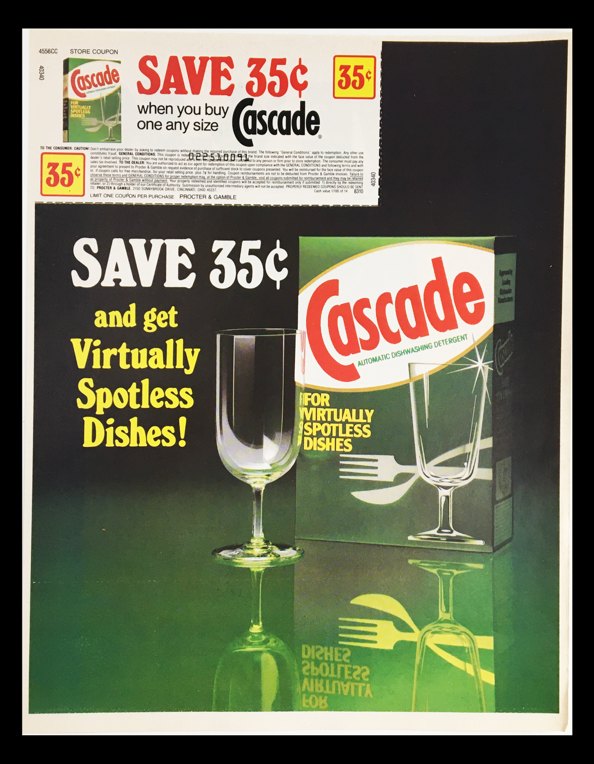 1984 Cascade Automatic Dishwashing Detergent Circular Coupon Advertisement featuring a 35 cent discount coupon and a product box showcasing the tagline 'SAVE 35¢ and get Virtually Spotless Dishes!' with a glass and dishware.