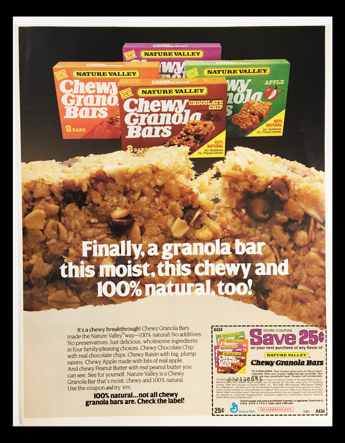 1984 General Mills Nature Valley Granola Bars Circular Coupon Advertisement showcasing Chewy Granola Bars with a description highlighting their natural ingredients and moisture content.