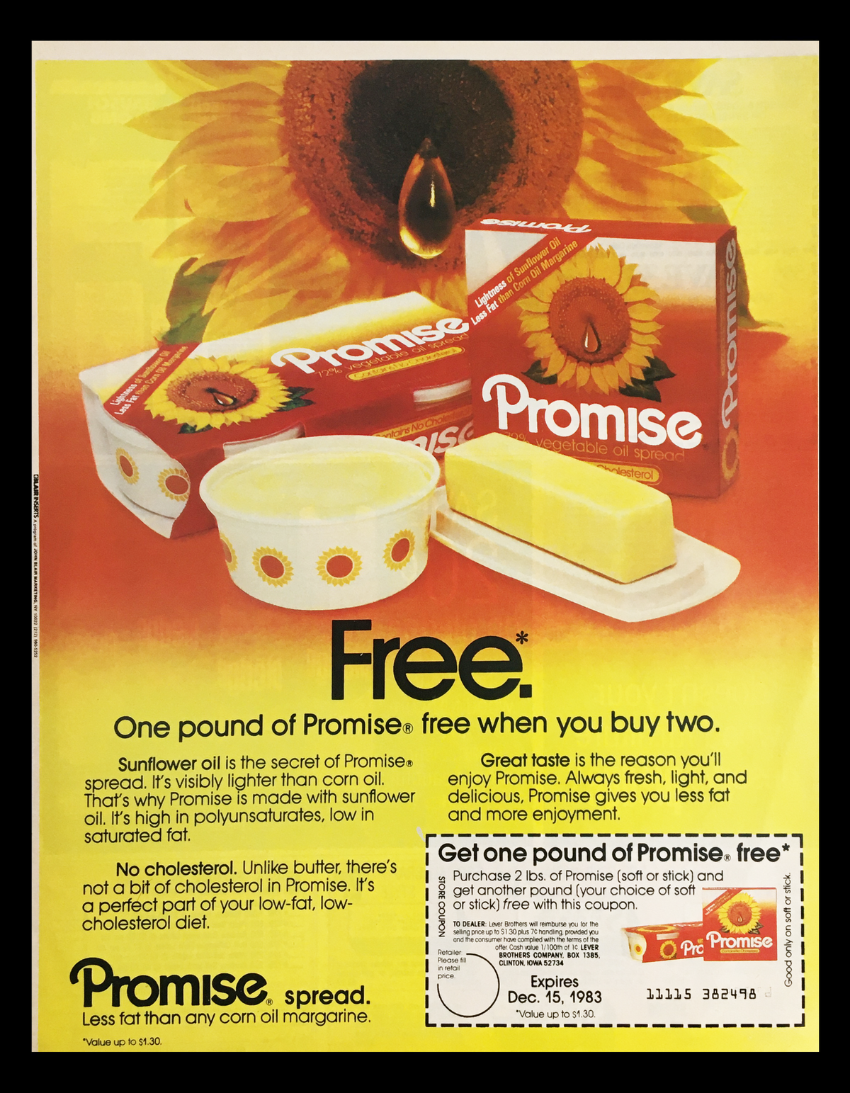 1983 Promise Corn Oil Margarine Spread Circular Coupon Advertisement featuring a colorful packaging, highlighting the health benefits of Promise margarine made from sunflower oil, emphasizing free product offer with purchase.