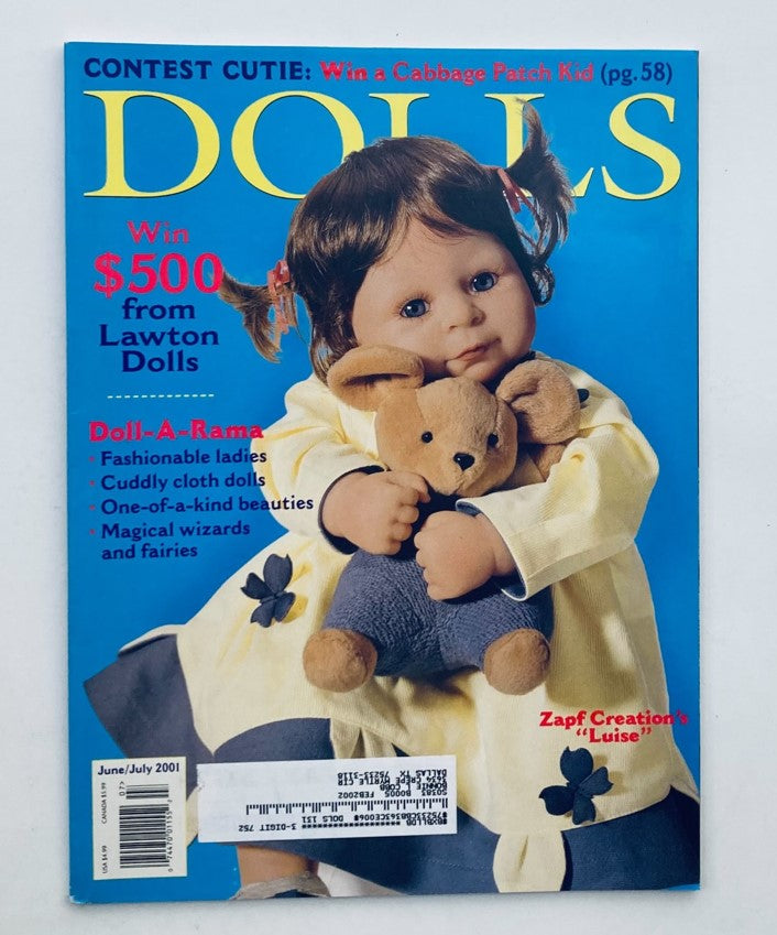Cover of Dolls Magazine June 2001 Vol 20 No. 5 featuring Zapf Creation's 'Luise' doll, highlighting a charming vintage design with a playful layout.