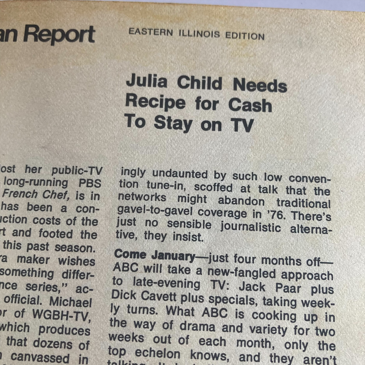 Article segment in TV Guide Magazine September 9 1972 #515 discussing Julia Child and her public television show challenges, focusing on funding and programming changes.