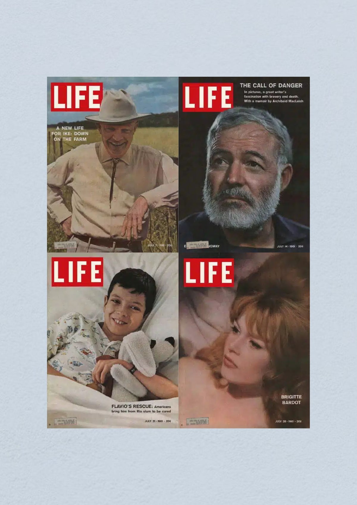 Life Magazine Lot of 4 Full Month July 1961 featuring covers from July 7, 14, 21, and 28 highlighting stories from the Civil Rights Era including Eisenhower, Hemingway, Flavio's rescue, and Brigitte Bardot.