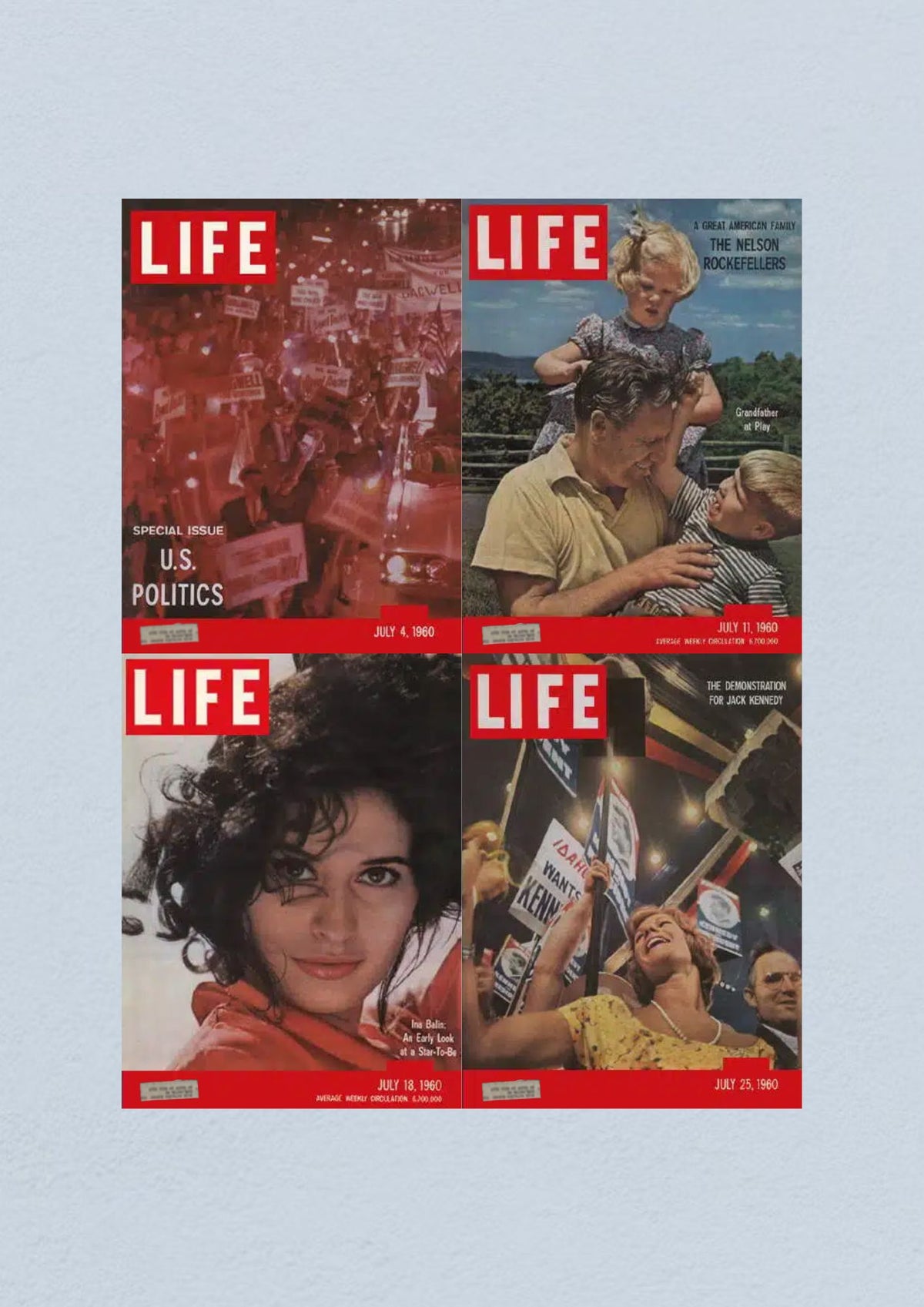 Life Magazine Lot of 4 Full Month of July 1960 showcasing significant covers: July 4 issue featuring U.S. Politics, July 11 issue highlighting The Nelson Rockefellers, July 18 issue with a portrait of a starlet, and July 25 issue depicting support for Jack Kennedy.