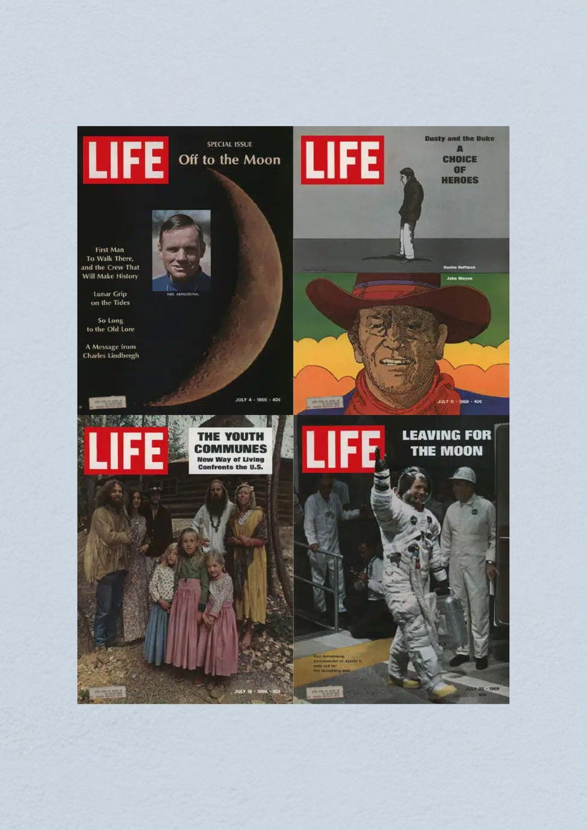 Life Magazine Lot of 4 Full Month July 1969 Special Issue covers including Neil Armstrong Apollo 11, Dustin Hoffman and John Wayne, Youth Communes, and Leaving for the Moon.