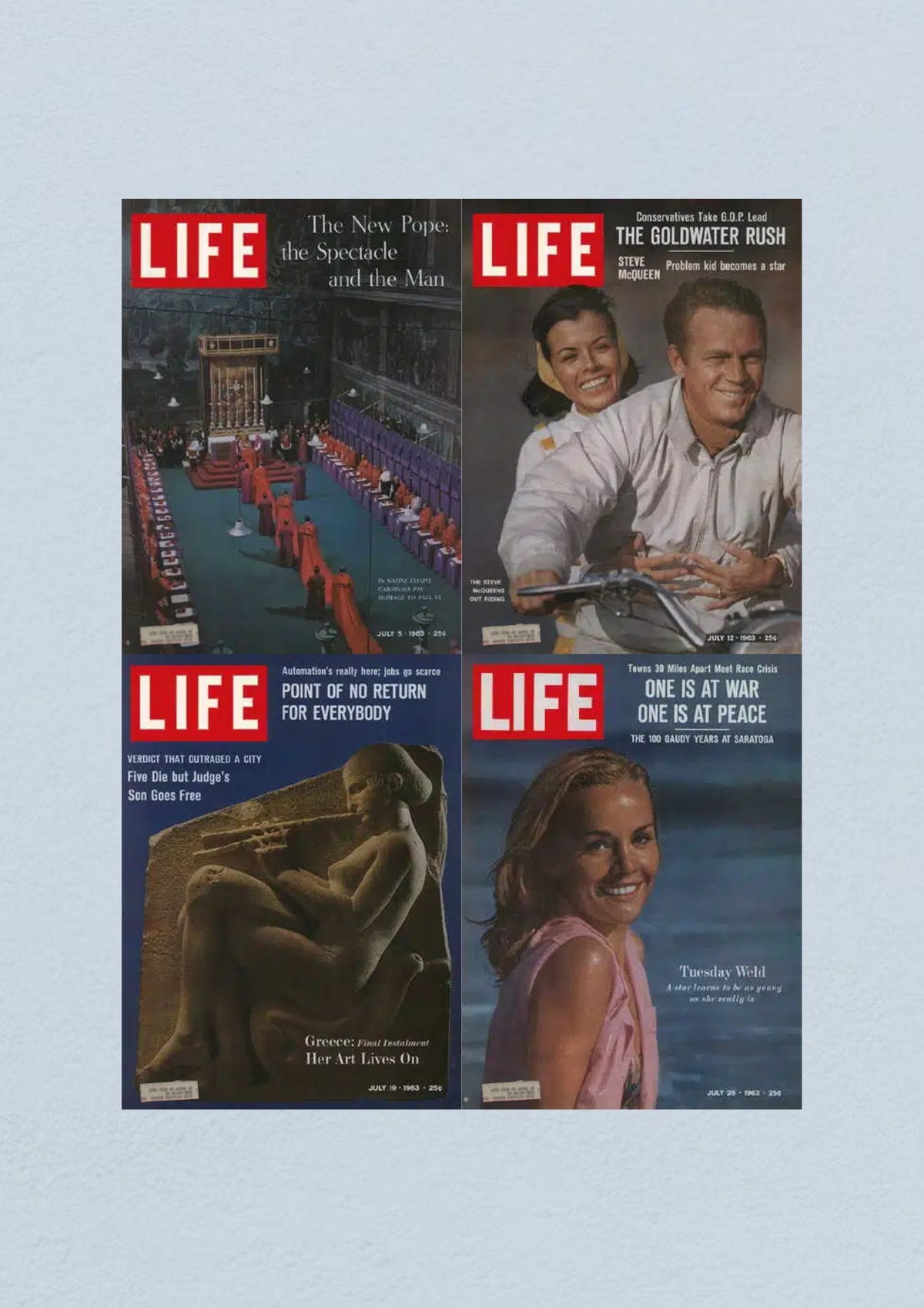 Life Magazine Lot of 4 Full Month July 1963 featuring covers for July 5, 12, 19, and 26, showcasing important events from the Civil Rights Era, including the new Pope, Steve McQueen, and cultural highlights.