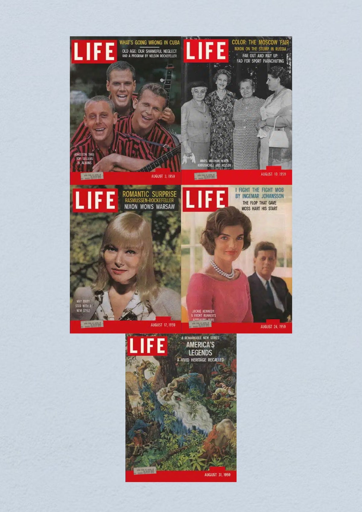 Life Magazine Lot of 5 Full Month August 1959 including issues from August 3 featuring Kingston Trio, August 10 covering Pat Nixon's tour in Russia, August 17 highlighting actress May Britt, August 24 with Jackie Kennedy, and August 31 on America's Legends.