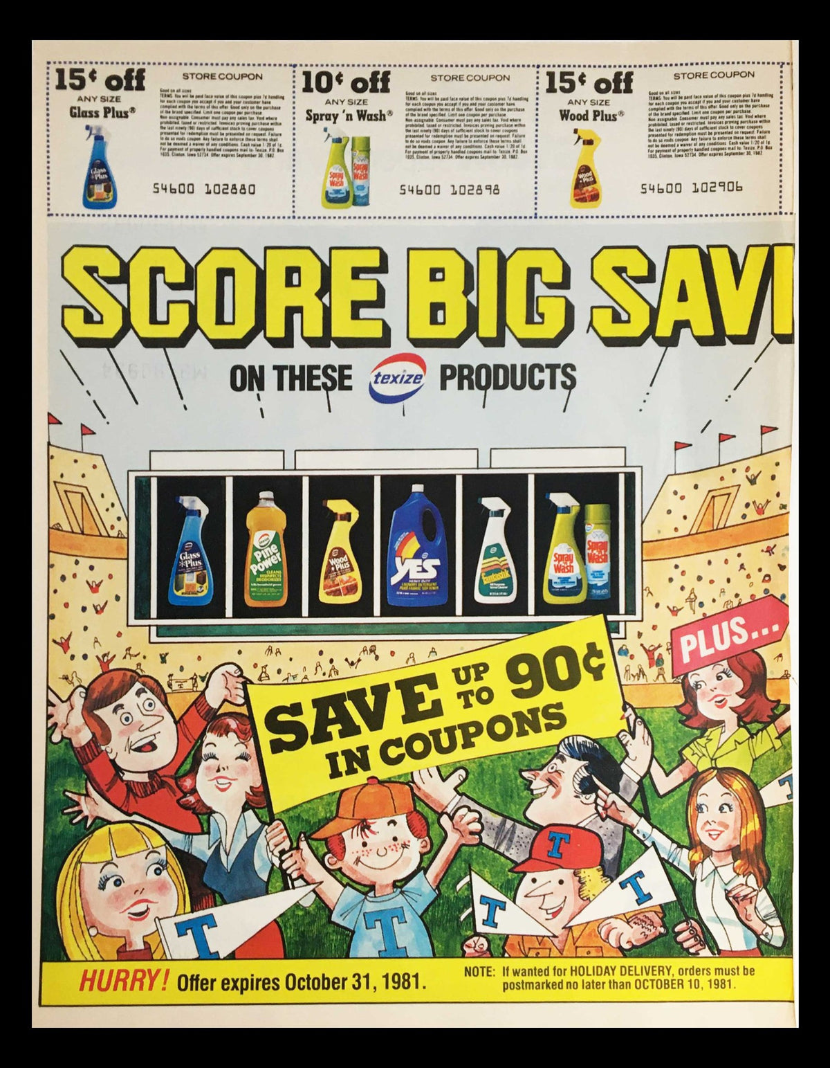 1981 Texize Products Score Big Circular Coupon Advertisement featuring various cleaning products with discount coupons. The ad highlights savings with coupons that expired on October 31, 1981.