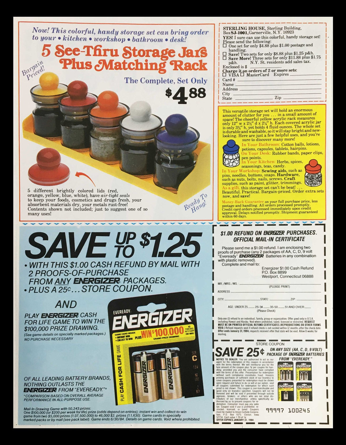 1983 advertisement showcasing various home storage jars and a cash refund offer for Energizer batteries, capturing vintage marketing aesthetics.