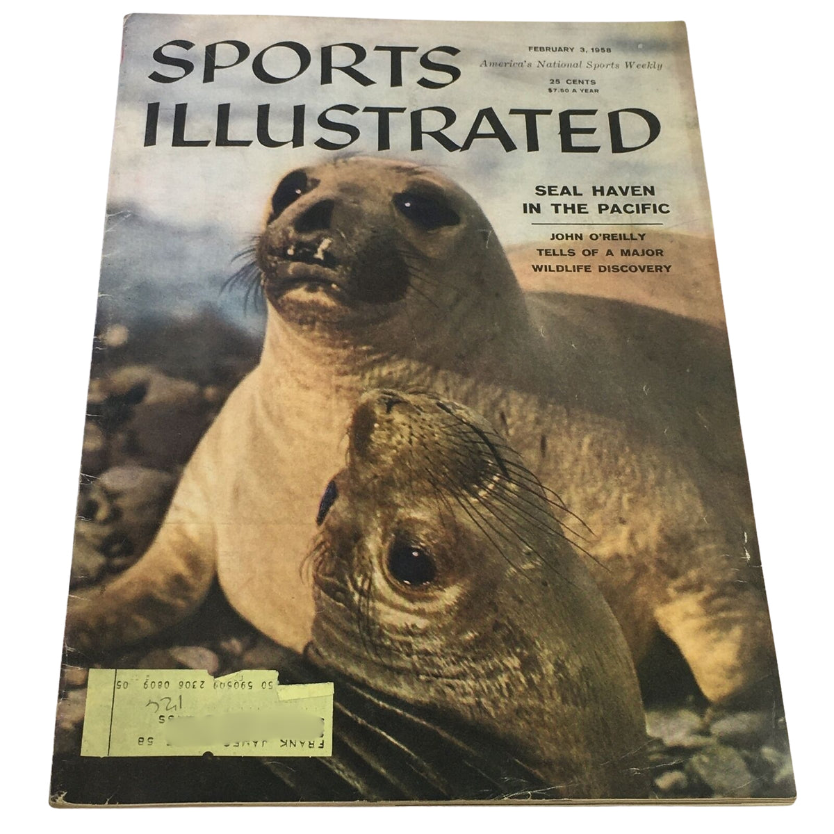 Sports Illustrated magazine cover from February 3, 1958 showcasing seals in the Pacific, related to John O'Reilly's major wildlife discovery. Part of a collection of 9 1950s Sports Illustrated magazines.