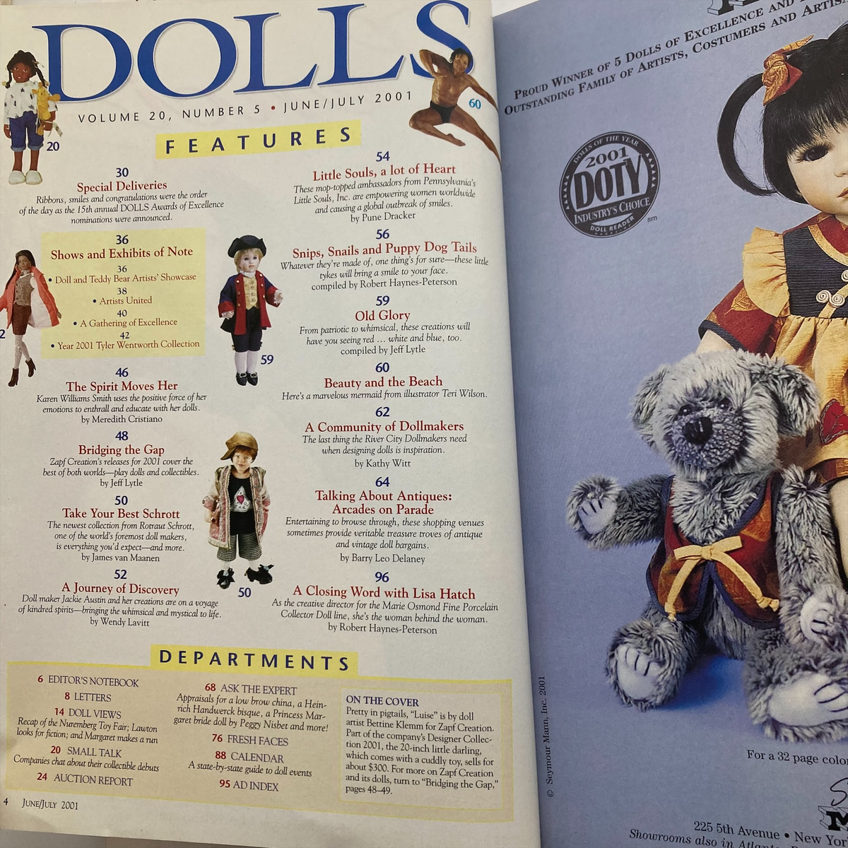 Inside spread of Dolls Magazine June 2001 Vol 20 No. 5, showcasing articles and features on doll culture, including whimsical designs and nostalgic storytelling.
