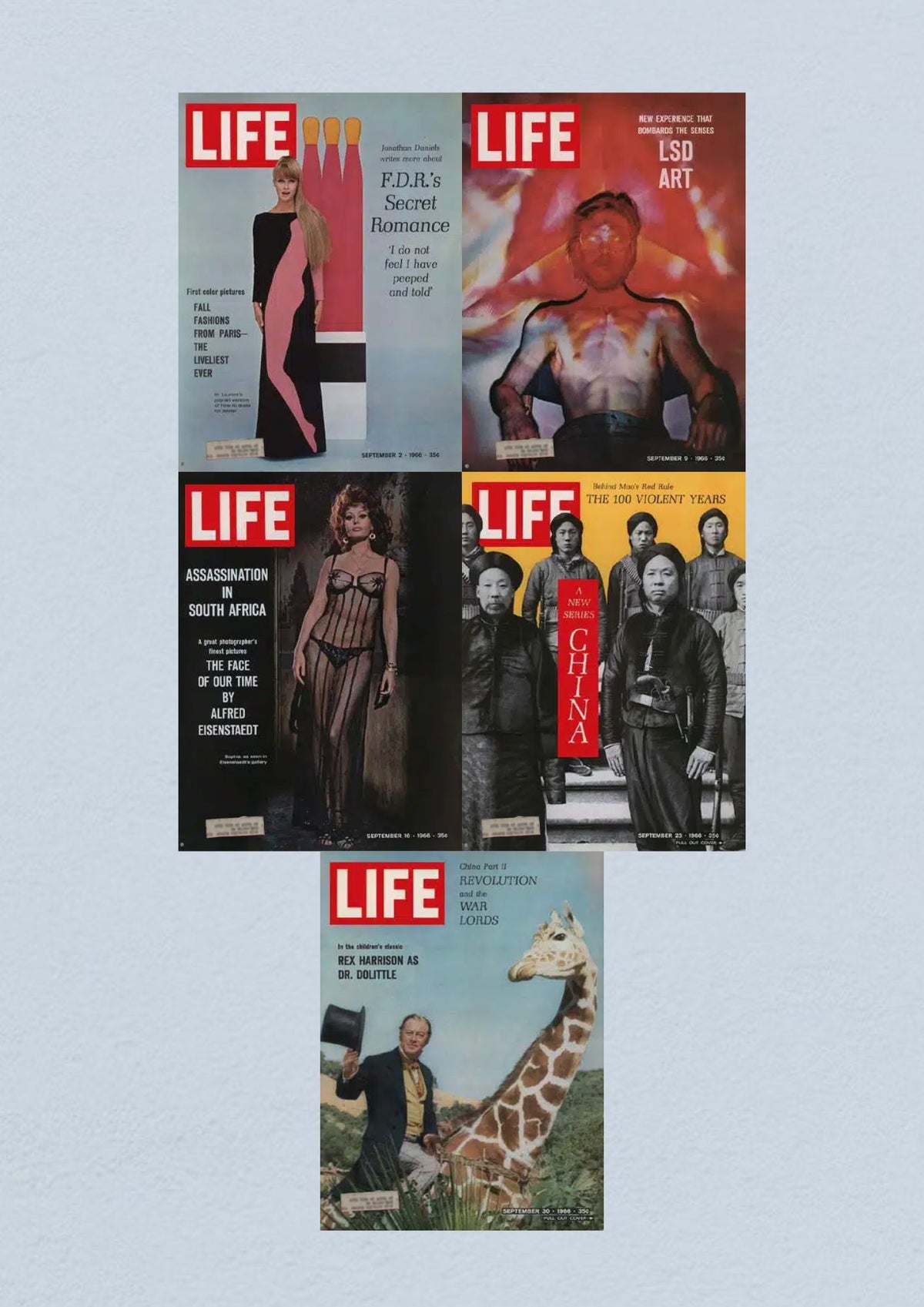 Life Magazine Lot of 5 Full Month of September 1966 featuring various culturally significant covers including fashion, psychedelic art, and historical insights.