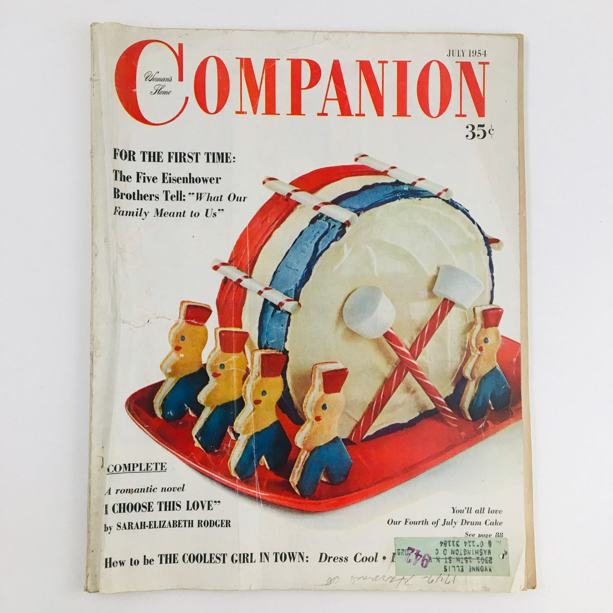 Cover of Woman's Home Companion July 1954 featuring an exclusive story about The Five Eisenhower Brothers and their family. The image shows a vintage layout with the title 'COMPANION' prominently displayed, along with colorful illustrations of a drum cake and cookie figures.