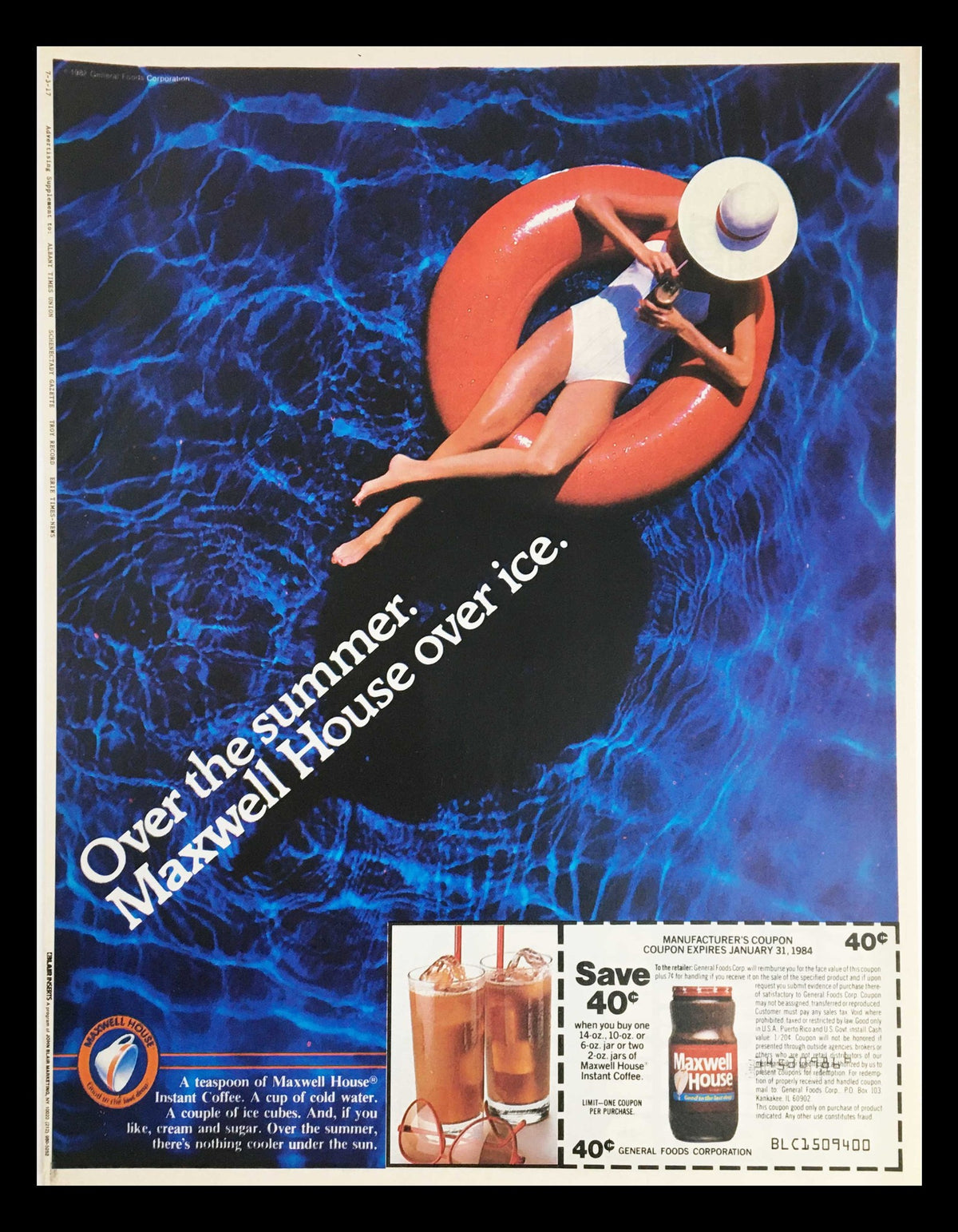 1984 Maxwell House Instant Coffee Circular Coupon Advertisement featuring a woman relaxing on a float in a swimming pool, emphasizing enjoying Maxwell House coffee over ice during summer.