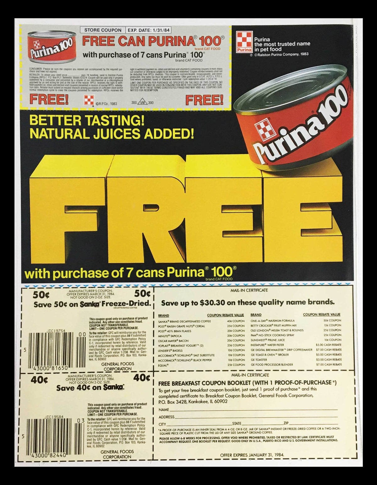 1983 Purina 100 Better Tasting Cat Food Circular Coupon Advertisement featuring a bold 'FREE' offer with a can of Purina 100 cat food, highlighting promotions for purchasing multiple cans and details about discounts.