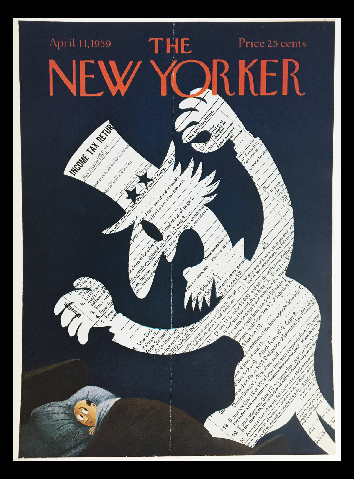 The New Yorker April 11 1959 Full Cover Theme by Charles E. Martin featuring a whimsical illustration of a tax-themed figure looming over a person in bed, capturing the vintage design and cultural essence of the era.