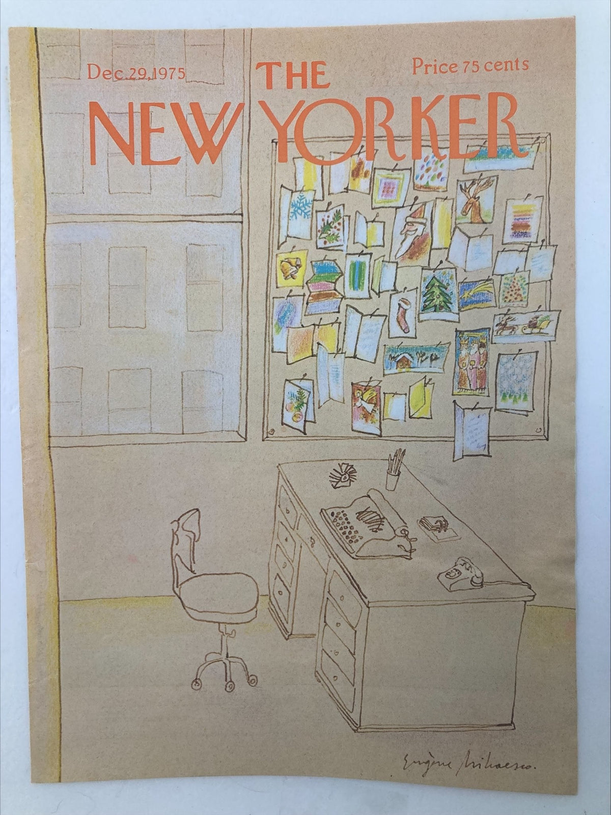Cover of The New Yorker December 29 1975 featuring a home desk illustration by E. Mihaesco, showcasing a vintage aesthetic with artistic depictions of a desk and notes pinned on the wall.