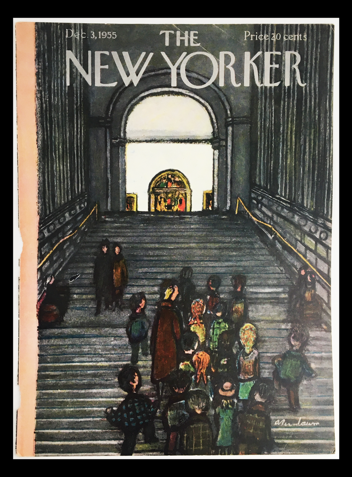 COVER ONLY The New Yorker December 3 1955 featuring a vintage illustration of a group of people on the steps of a grand building, showcasing the artistic style by Abe Birnbaum.