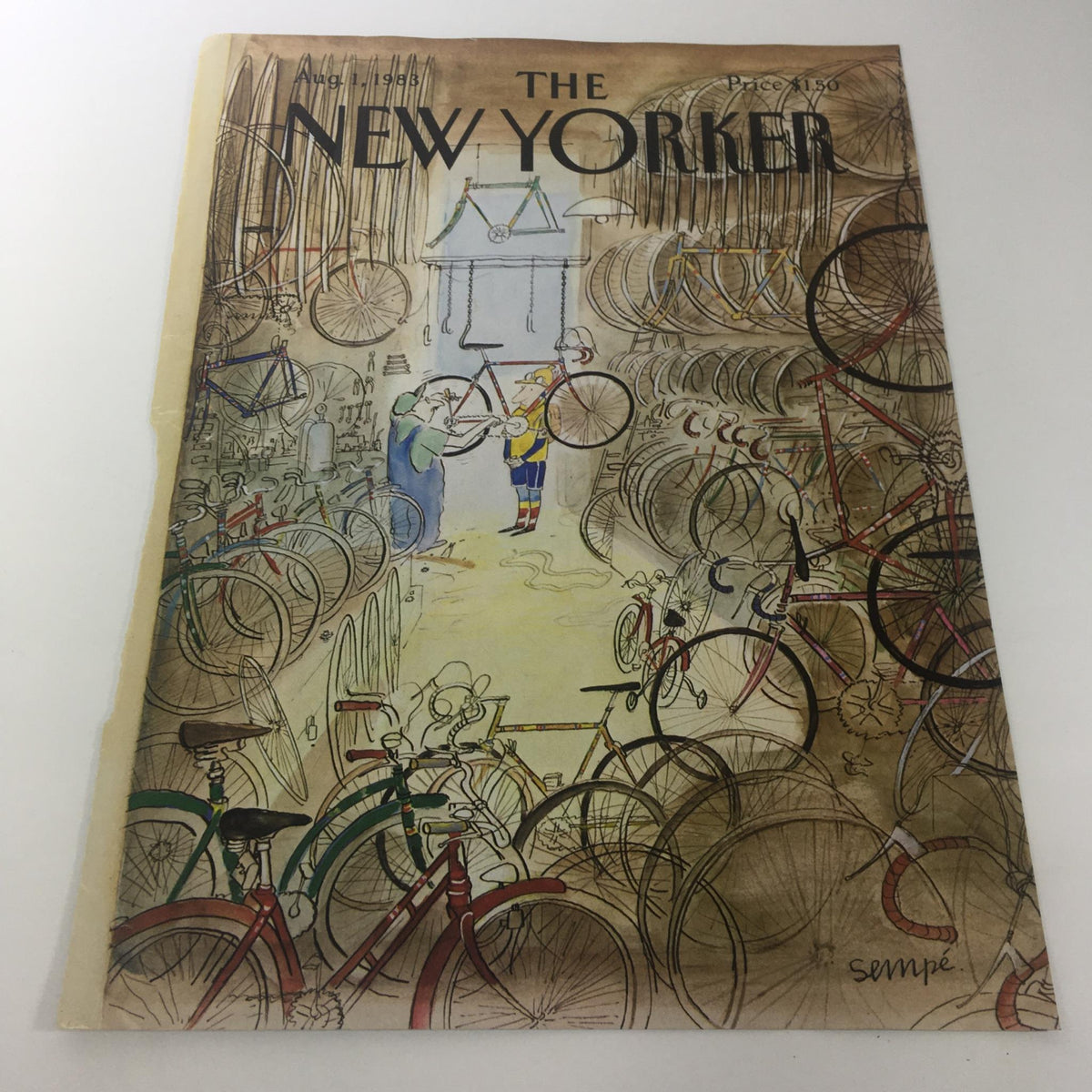 Cover only of The New Yorker magazine dated August 1, 1983, featuring an illustration by Jean-Jacques Sempe, depicting a whimsical scene in a bicycle shop with various bicycles in a cluttered environment.