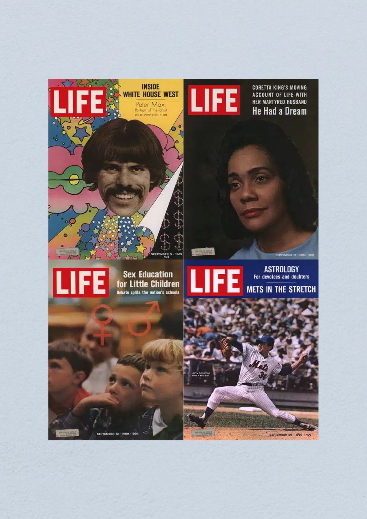 Life Magazine Lot of 4 Full Month September 1969 featuring covers for September 5, 12, 19, and 26 including themes on art, civil rights, education, and sports.
