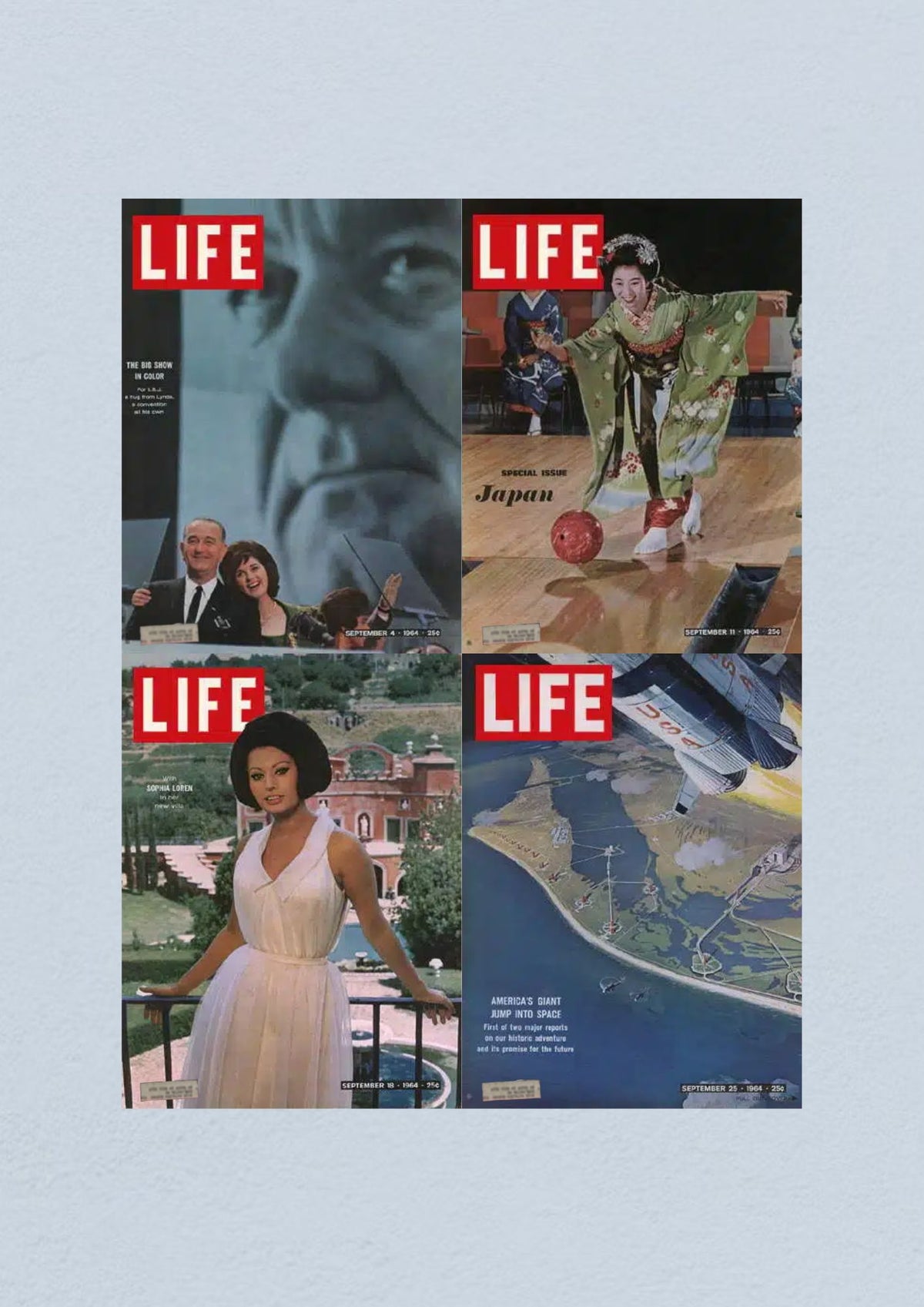 Life Magazine covers from September 1964 showcasing significant cultural moments. Includes September 4 issue featuring President Johnson, September 11 Japan Special Issue, September 18 with actress Sophia Loren, and September 25 covering ongoing events of the Civil Rights Era.