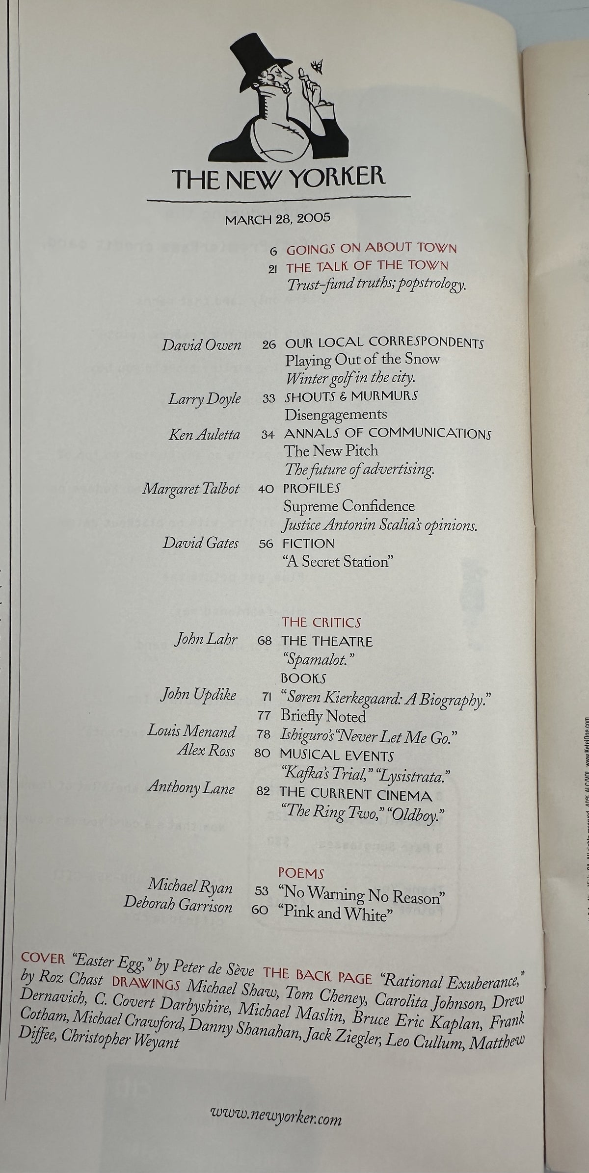 The New Yorker Magazine March 28, 2005 Easter Bunny Ultrasound Peter de Sève Cover VG, showing the magazine table of contents page with articles, fiction, reviews, poems, and cartoons.