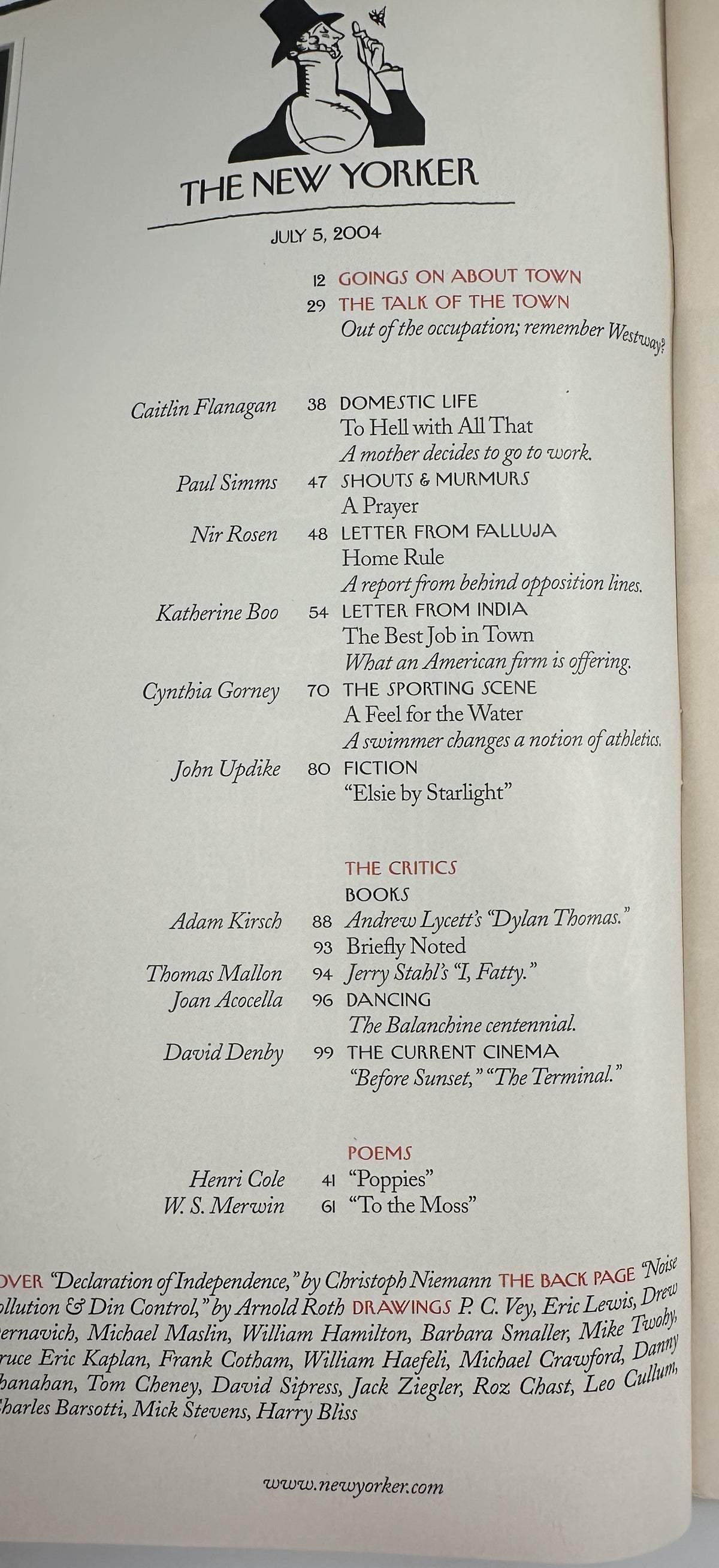 The New Yorker Magazine July 5, 2004 Declaration of Independence Christoph Niemann Cover table of contents page featuring articles, fiction, poems, critics, drawings, and cover credit