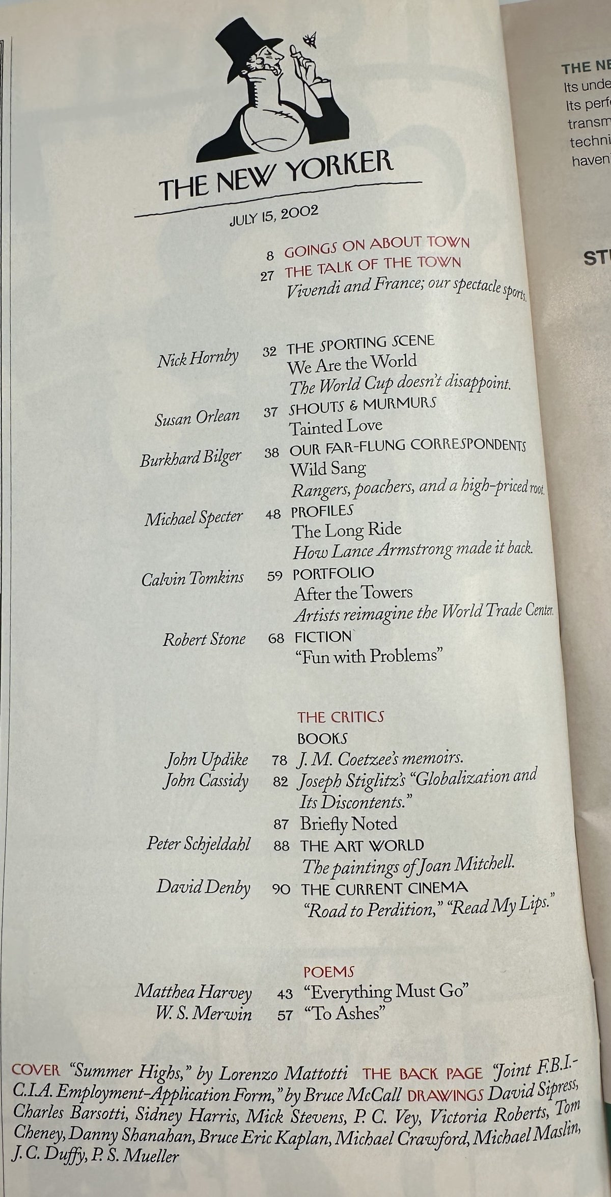 The New Yorker Magazine July 15, 2002 Summer Highs Lorenzo Mattotti Cover VG, interior table of contents page listing articles, fiction, poems, critics, drawings, and cover credits.