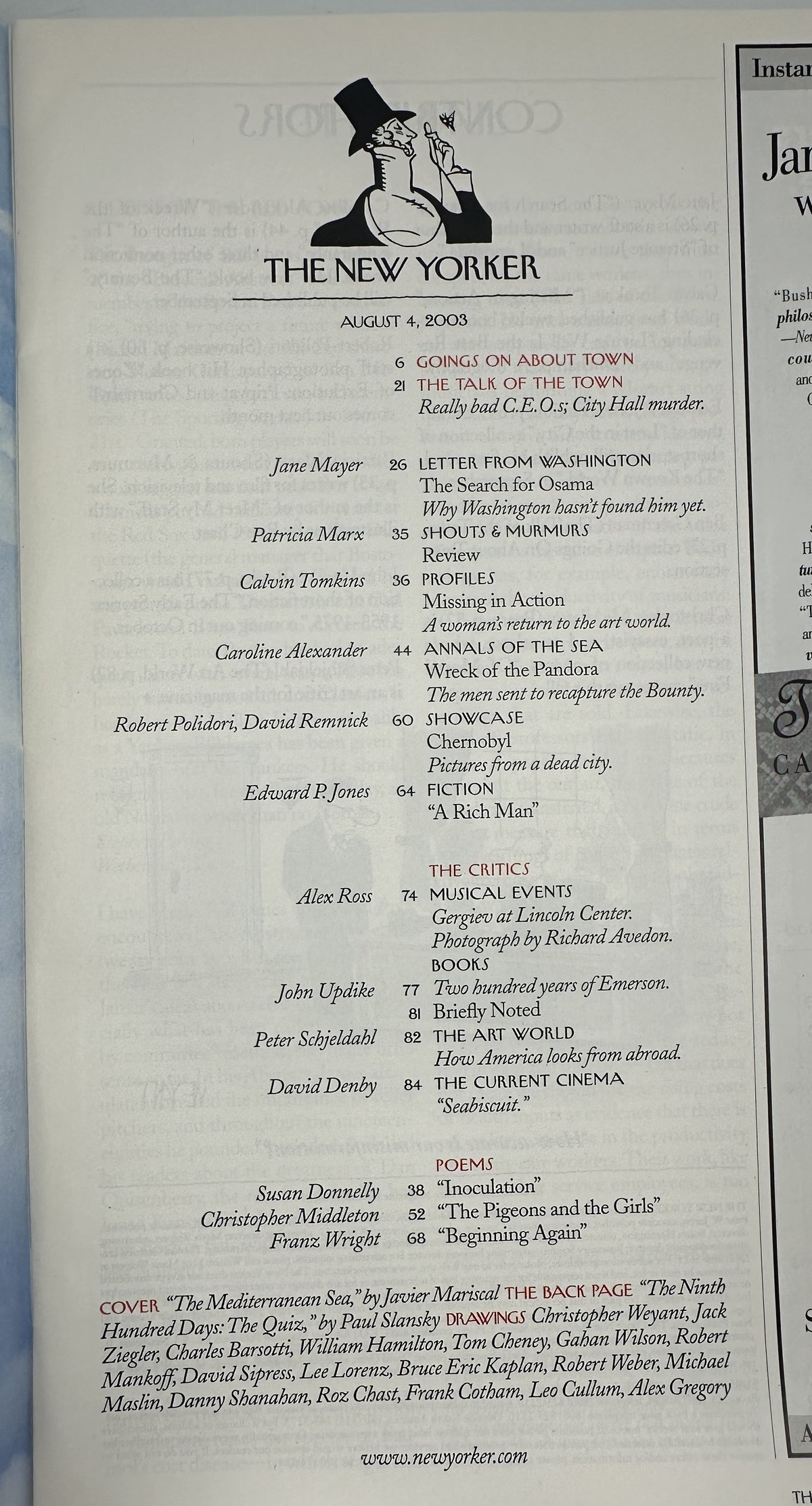 The New Yorker Magazine August 4, 2003 Mediterranean Sea Beach Javier Mariscal Cover VG, showing the issue's interior table of contents with articles, fiction, poems, reviews, and feature listings.