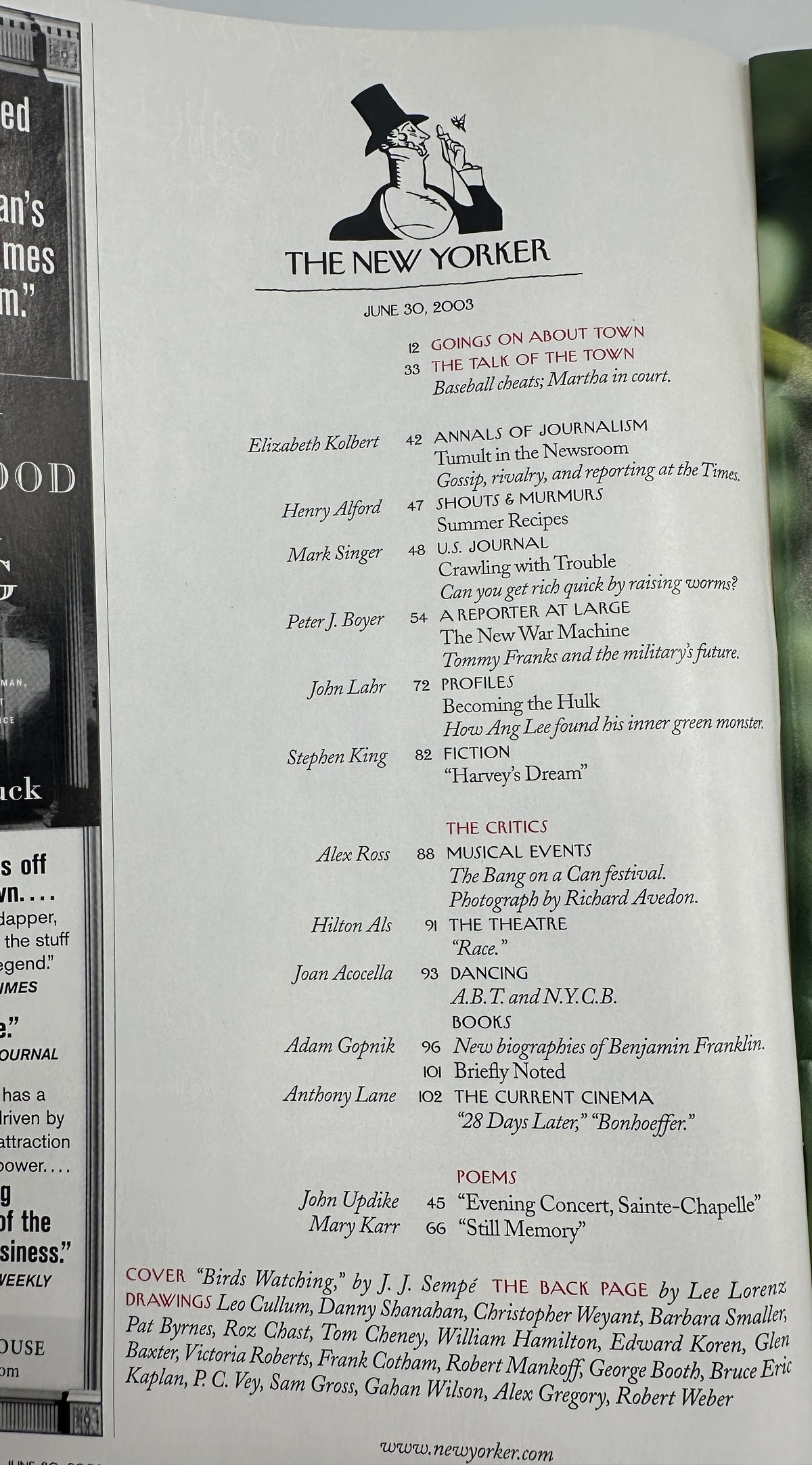 The New Yorker Magazine June 30, 2003 Birds Watching Canoe J. J. Sempé Cover VG, showing the magazine table of contents page with featured articles and departments.