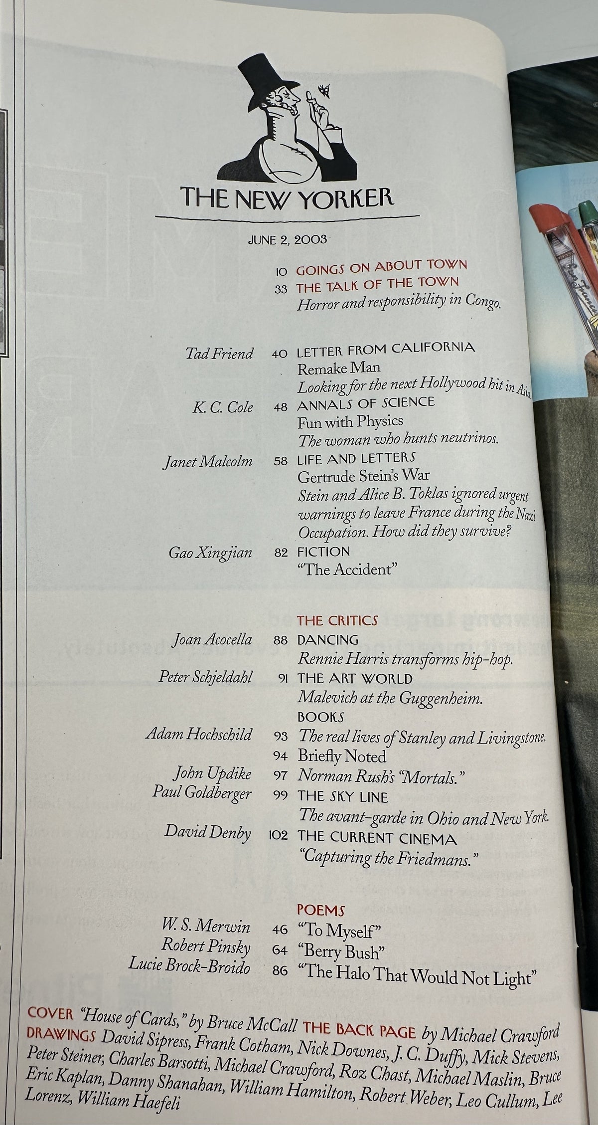 The New Yorker Magazine June 2, 2003 House of Cards Crane Bruce McCall Cover VG, table of contents page listing features, fiction, poems, criticism, and the Bruce McCall cover illustration.