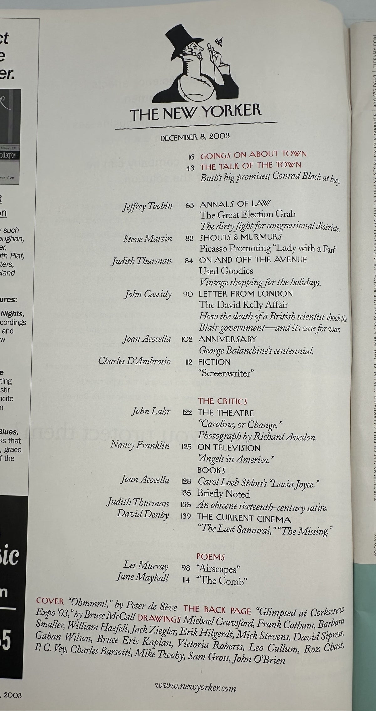 The New Yorker Magazine December 8, 2003 Yoga Meditation Ohmmm Peter de Sève Cover VG showing the issue's table of contents page with listings for articles, fiction, critics, poems, drawings, and the Peter de Sève cover illustration.