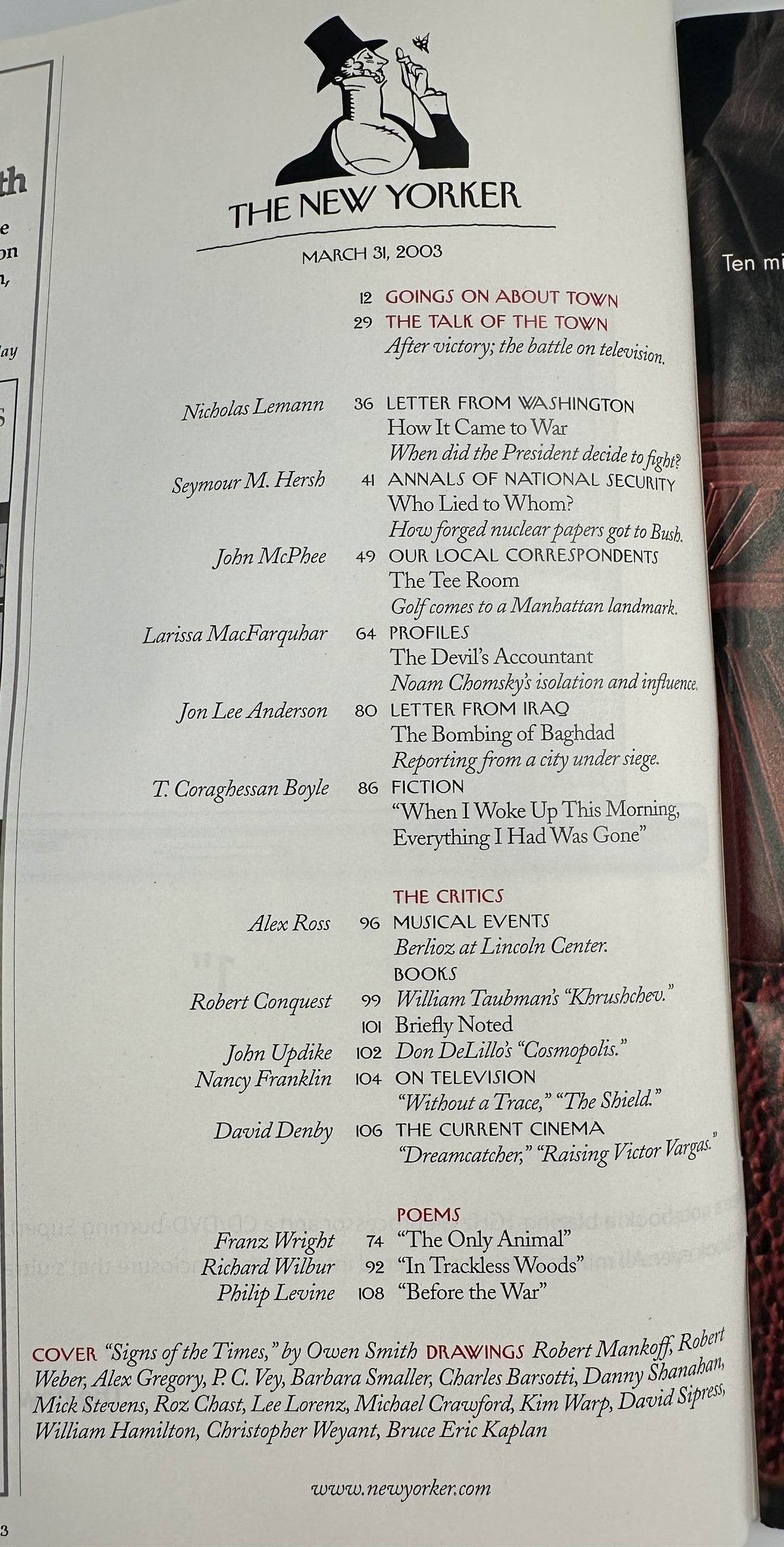 The New Yorker Magazine March 31, 2003 Soldiers War Owen Smith Cover table of contents page showing articles, poems, fiction, reviews, and cover credit to Owen Smith