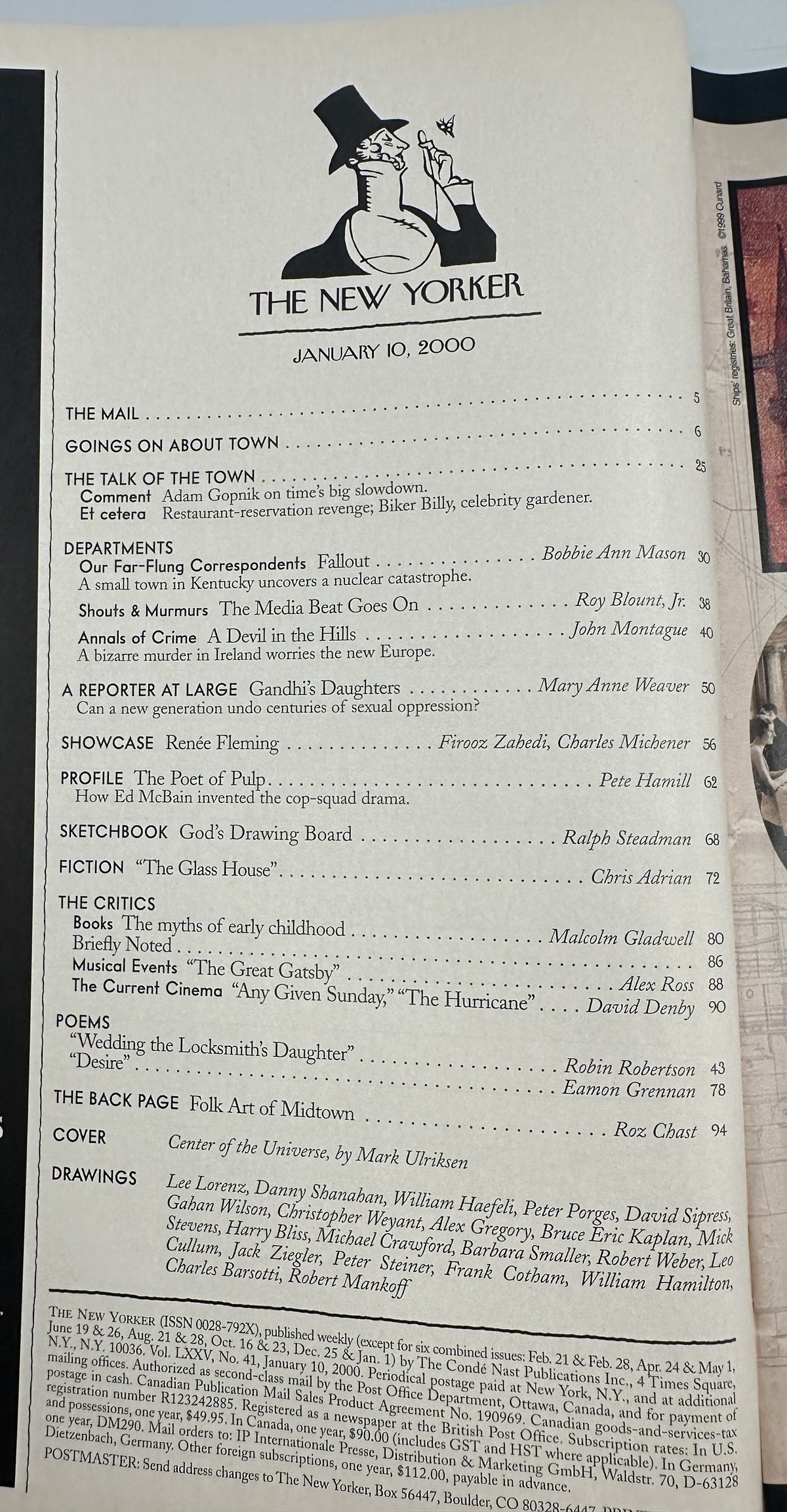 The New Yorker Magazine January 10, 2000 Center of the Universe Mark Ulriksen Cover open to the table of contents page with magazine departments, articles, fiction, poems, and reviews.