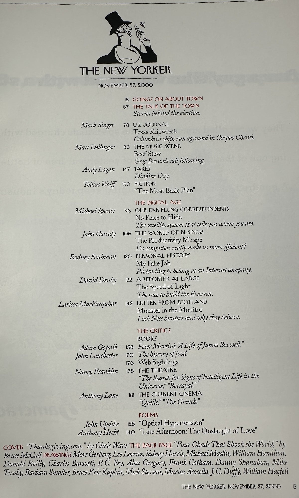 The New Yorker Magazine November 27, 2000 Thanksgiving.com Digital Age Chris Ware Cover, table of contents page listing articles, fiction, criticism, poems, and cartoons.
