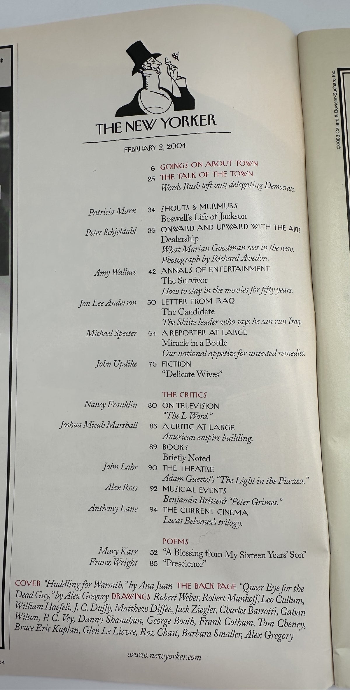 The New Yorker Magazine February 2, 2004 Woman White Fur Cats Ana Juan Cover VG, showing the magazine's printed table of contents page.