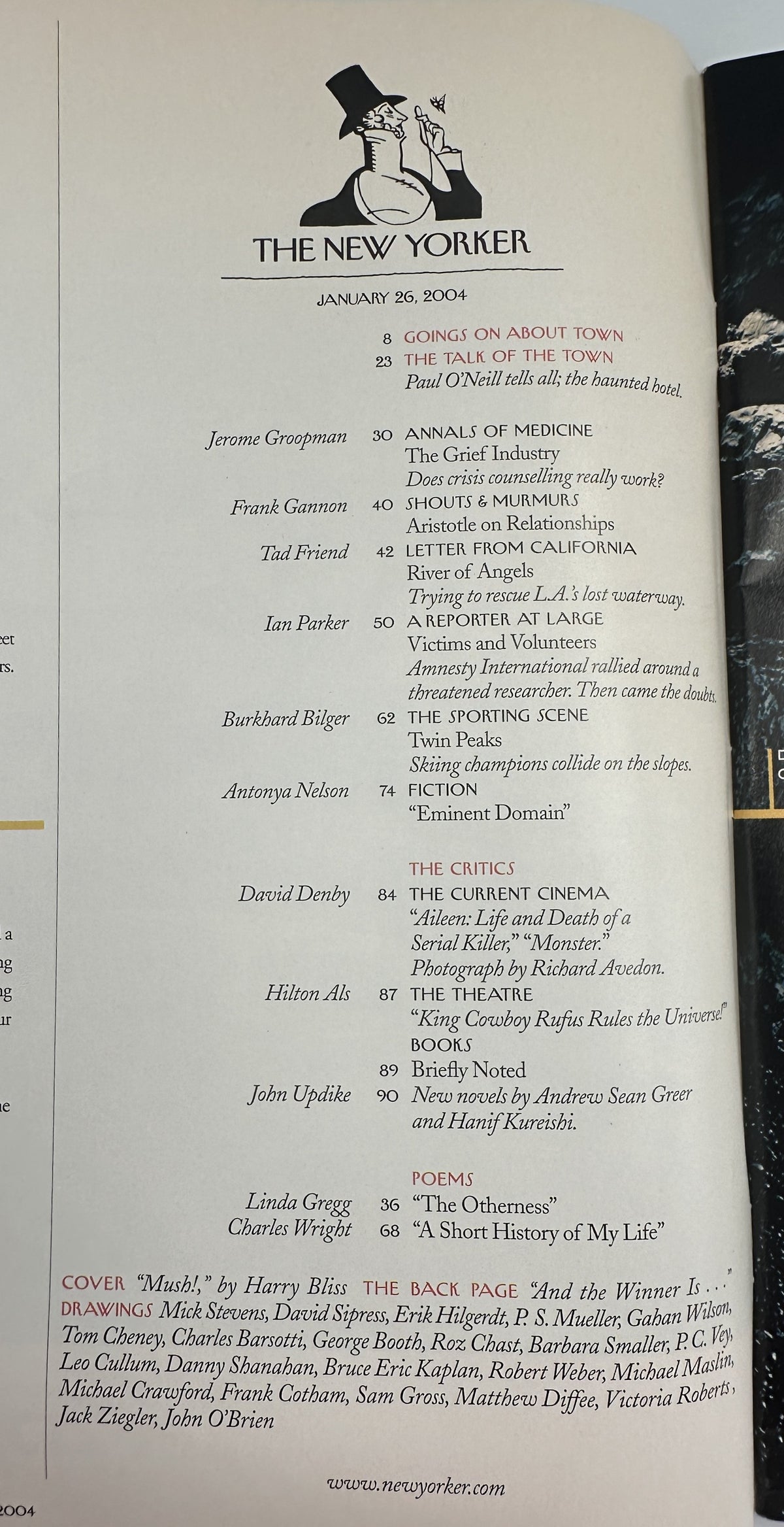 The New Yorker Magazine January 26, 2004 Snow Igloo Hotel Harry Bliss Cover VG, showing the magazine table of contents page with featured articles, fiction, poems, reviews, and cartoons.