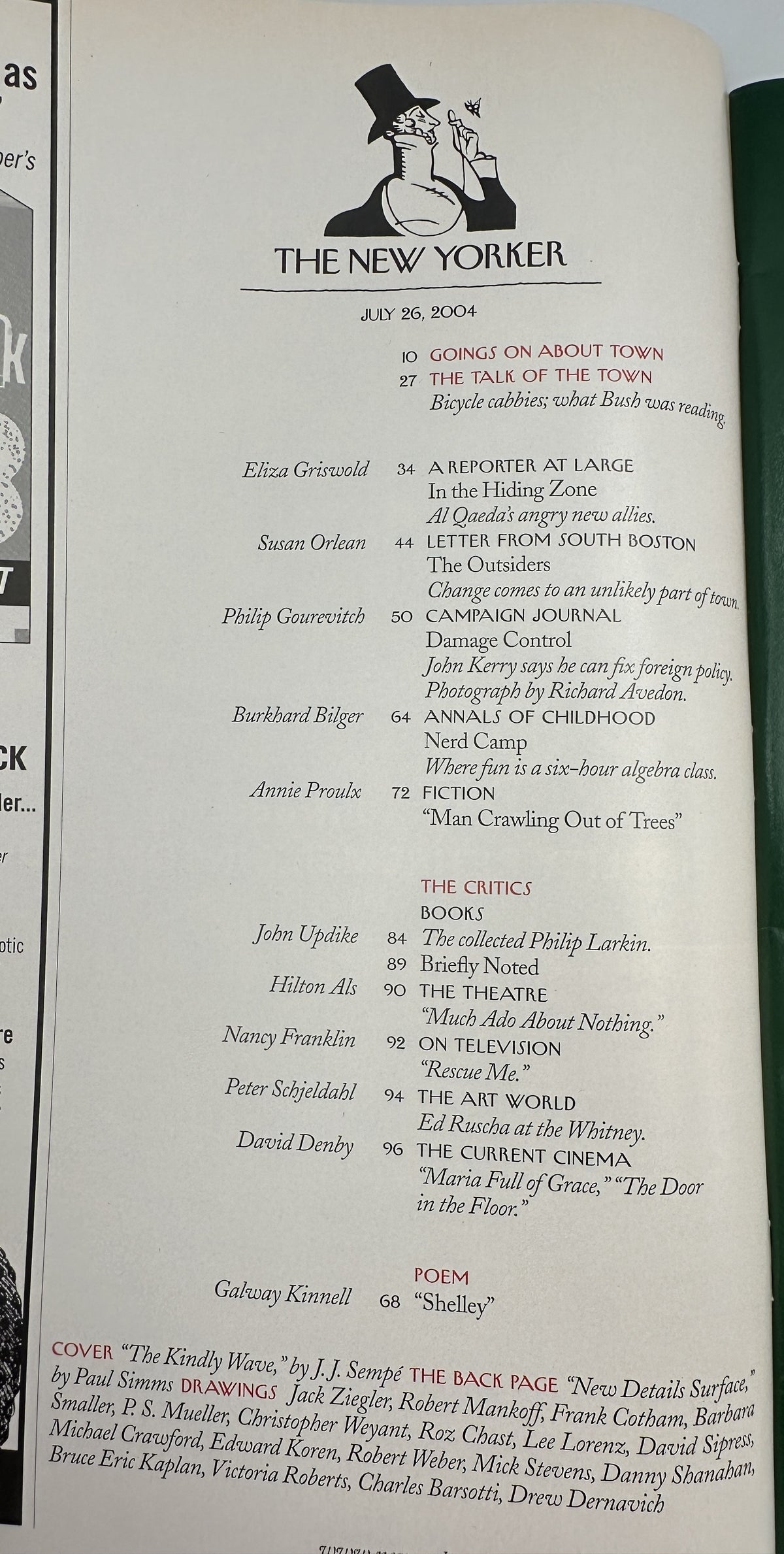 The New Yorker Magazine July 26, 2004 table of contents page listing featured articles, fiction, poetry, criticism, and J. J. Sempé's cover artwork.