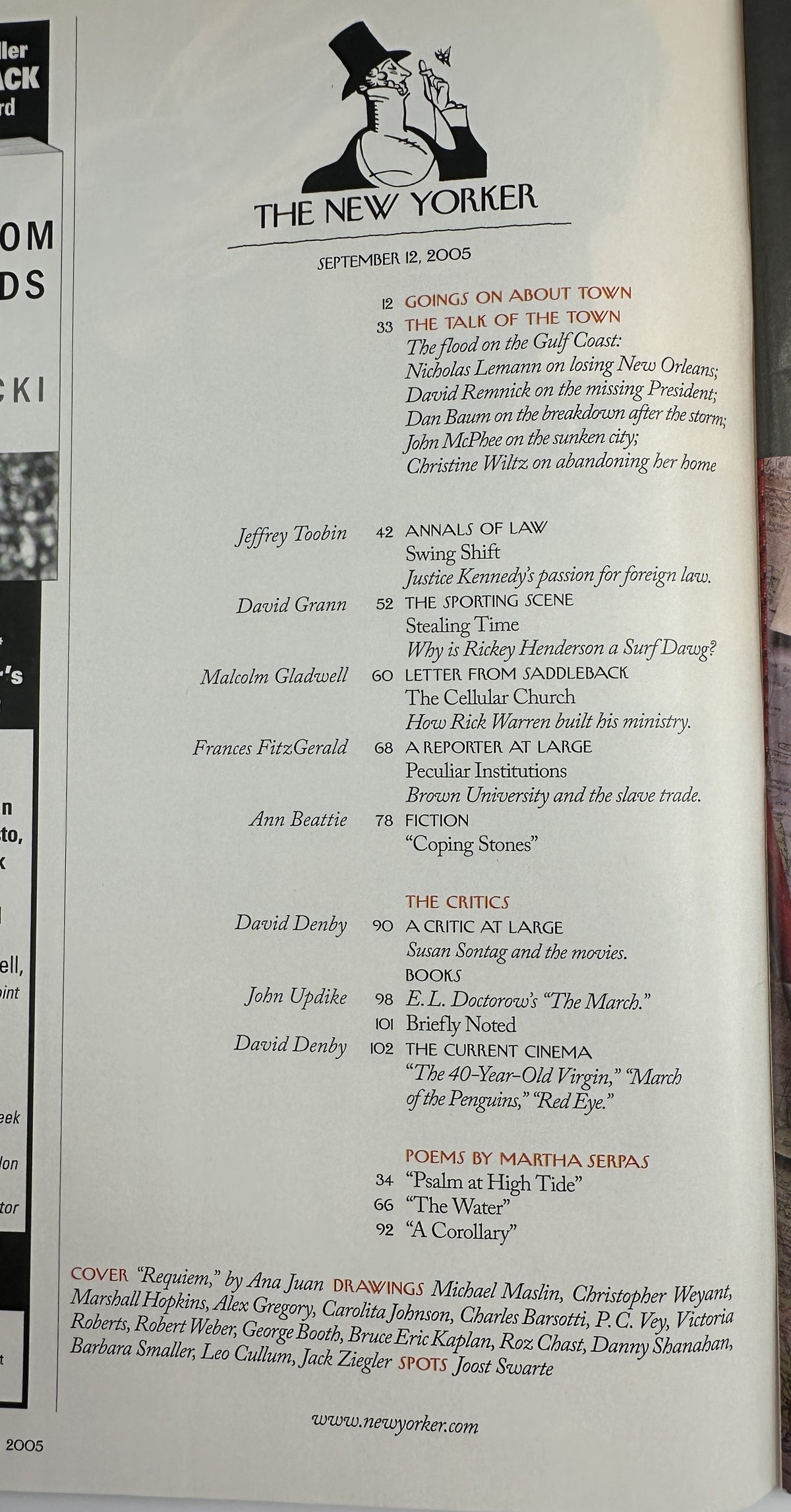 The New Yorker Magazine September 12, 2005 Flooded Street Saxophone Ana Juan Cover VG, showing the magazine table of contents page with articles, fiction, poems, and contributor listings.