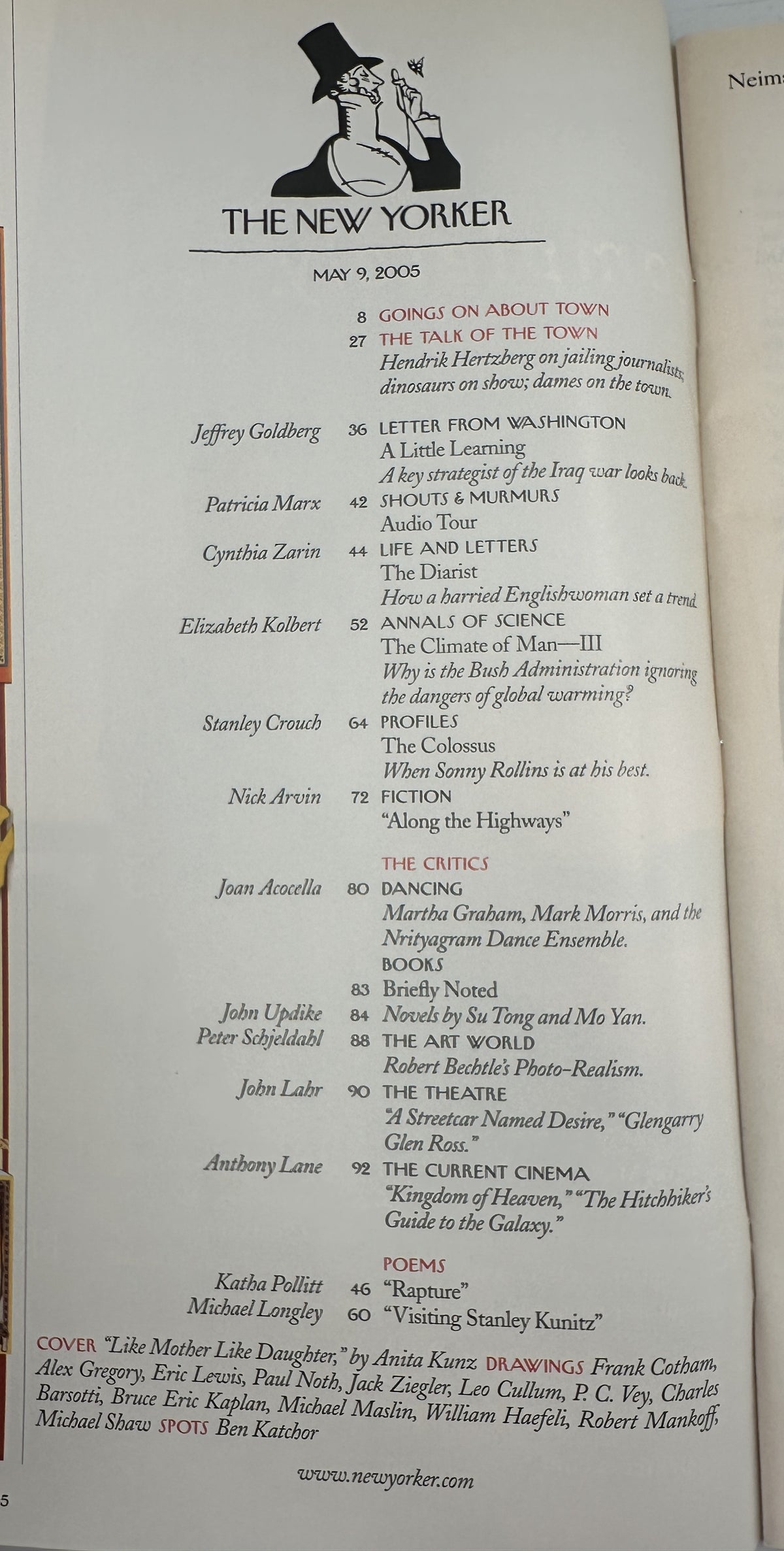 The New Yorker Magazine May 9, 2005 Mother Child Portrait Anita Kunz Cover VG, table of contents page listing articles, fiction, poems, critics, and cover illustration credits