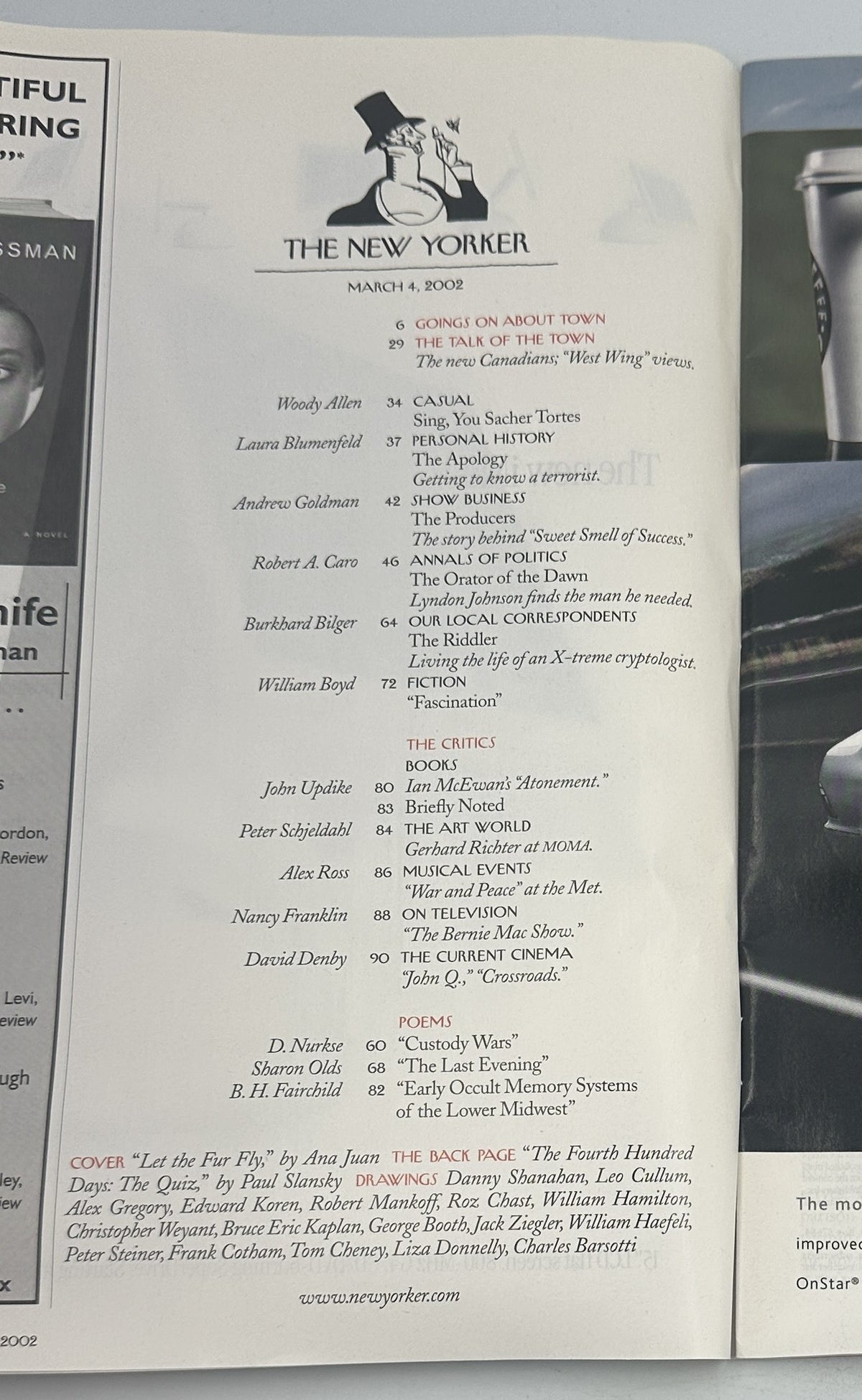 The New Yorker Magazine March 4, 2002 Fur Hat Fashion Ana Juan Cover opened to the table of contents page