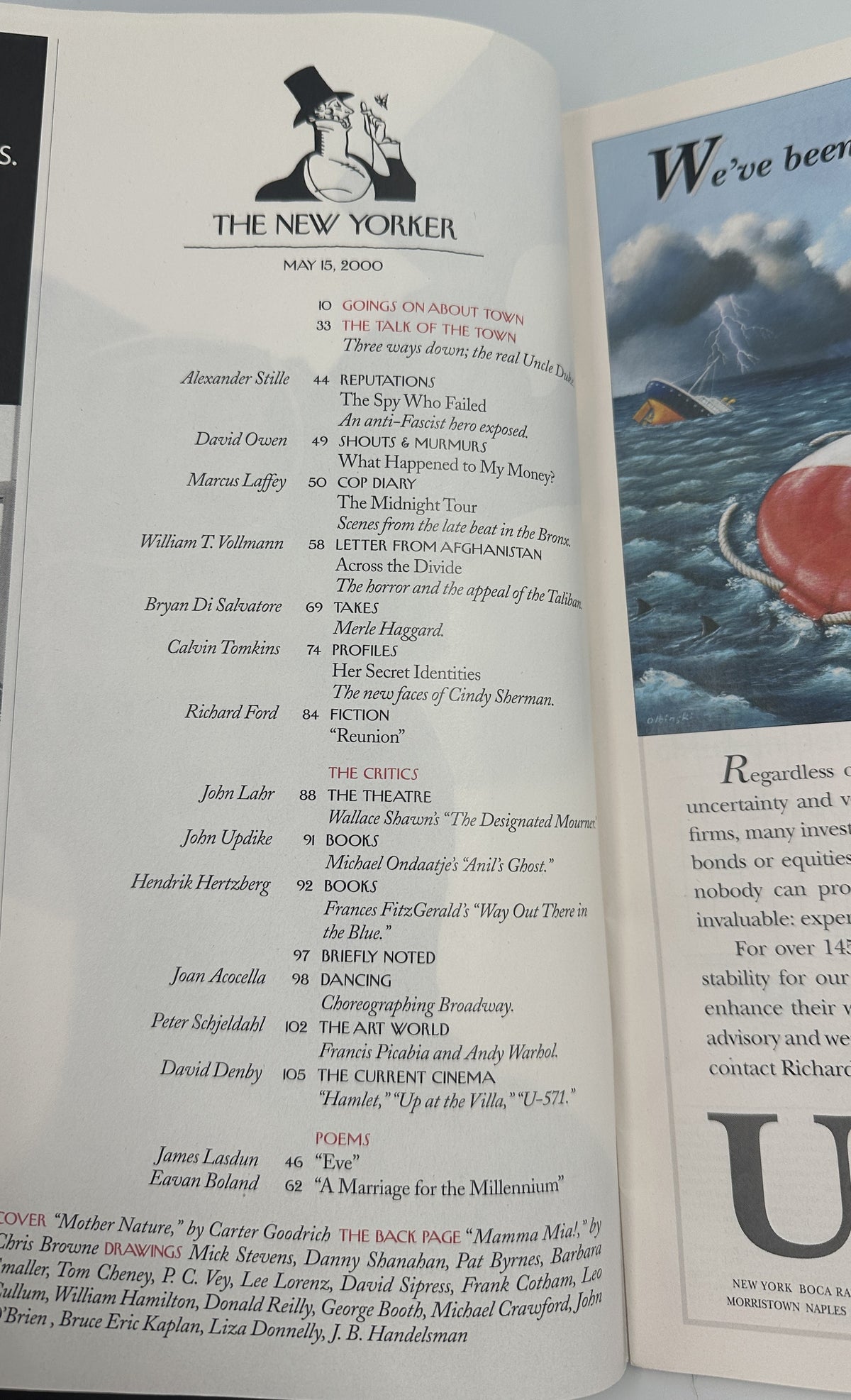 The New Yorker Magazine May 15, 2000 Mother Nature Carter Goodrich Cover VG, open to the table of contents page with listed articles, poems, and illustrations.