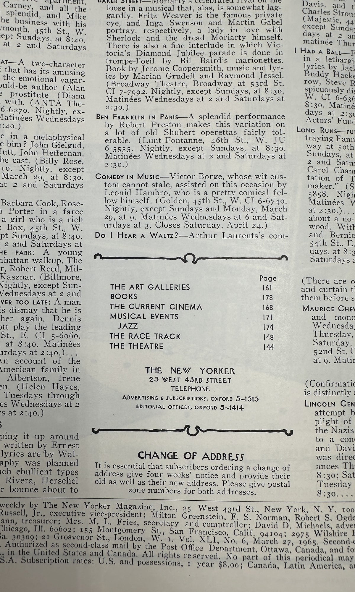 The New Yorker Magazine March 27, 1965 Beach Barrel Minimalist James Stevenson Cover, interior table of contents page listing art galleries, books, current cinema, musical events, jazz, race track, and theatre.