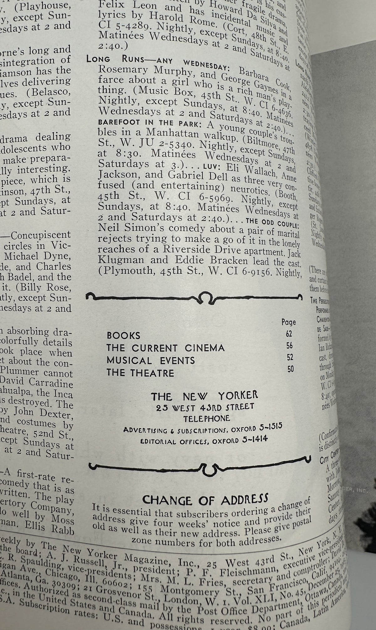 Interior page of The New Yorker Magazine December 25, 1965 Santa Subway Christmas George Price Cover showing the table of contents and Change of Address section.