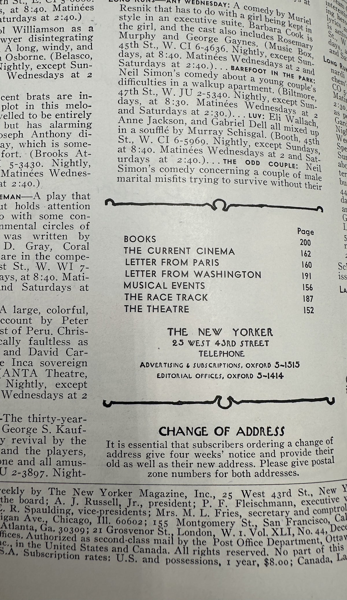 The New Yorker Magazine December 18, 1965 City Street Night Lights Arthur Getz Cover shown open to an interior contents page listing Books, The Current Cinema, Letter from Paris, Letter from Washington, Musical Events, The Race Track, and The Theatre.