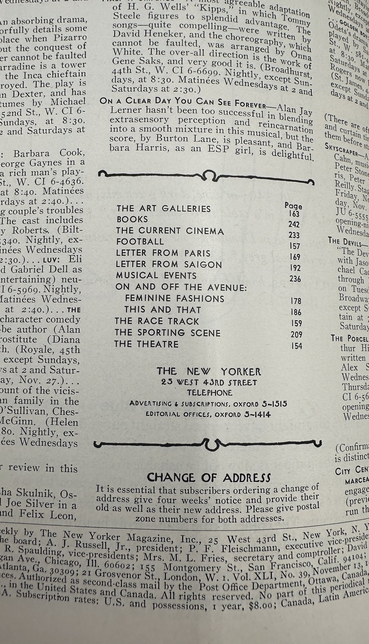 The New Yorker Magazine November 13, 1965 Hockey Faceoff Sports Peter Arno Cover showing the interior table of contents and issue details.