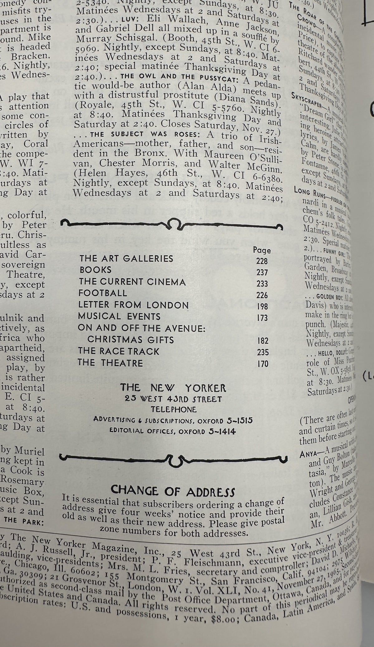The New Yorker Magazine November 27, 1965 Thanksgiving Turkey Frank Modell Cover open to the table of contents and publication information page.