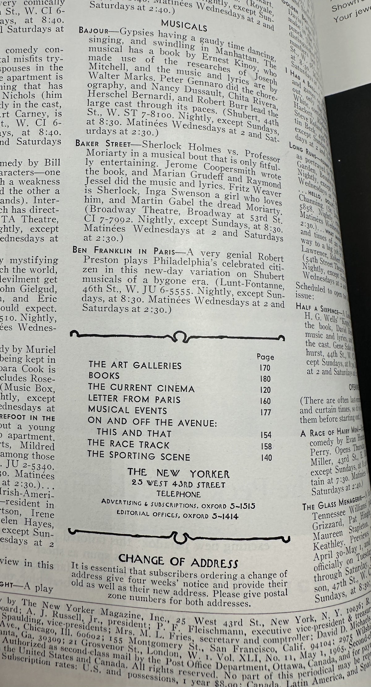 The New Yorker Magazine May 1, 1965 Train Station Spring Flowers Charles Saxon Cover, showing the magazine table of contents and editorial listings.
