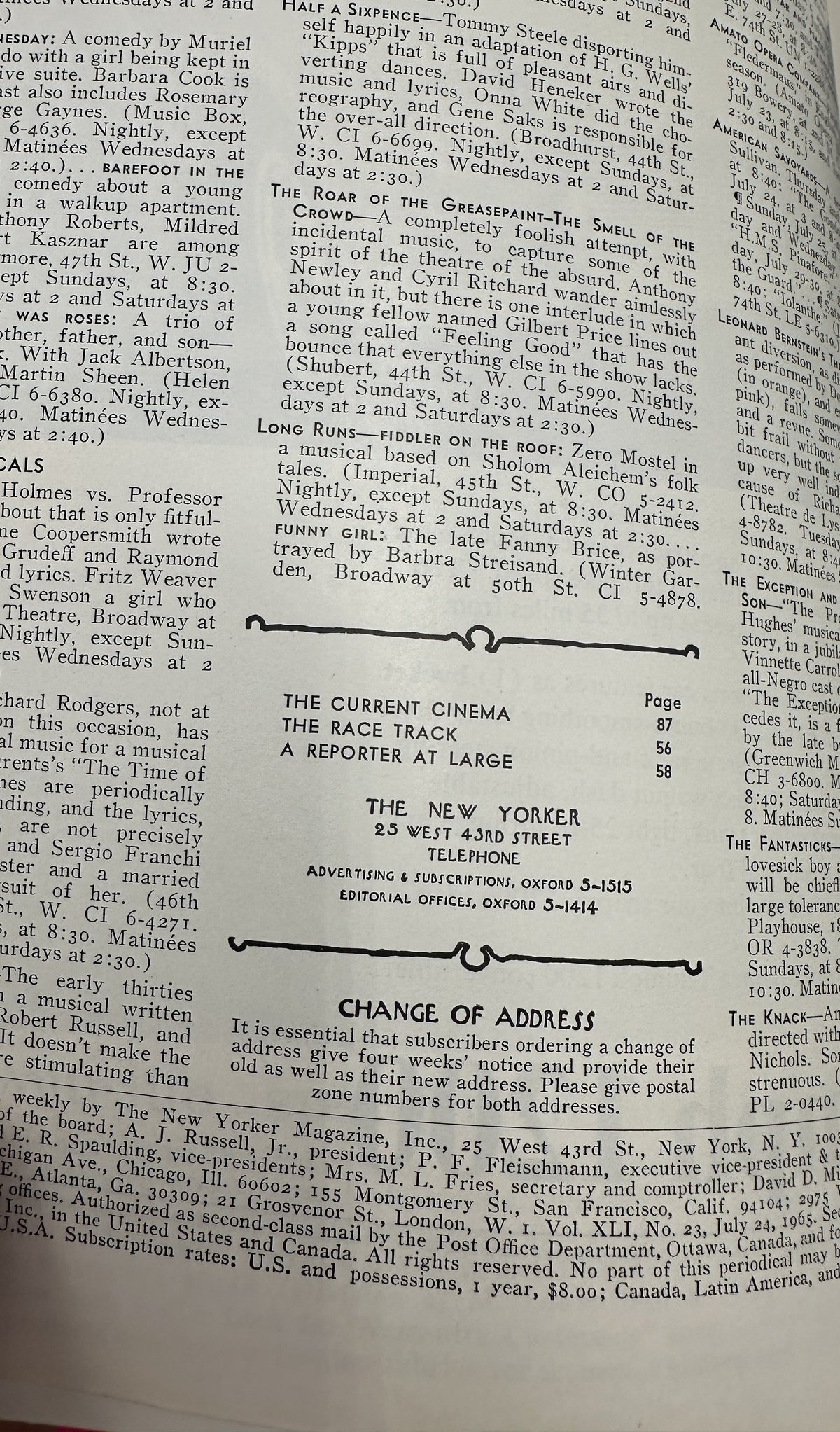 The New Yorker Magazine July 24, 1965 Seaside Cafe Coastal View Beatrice Szanton Cover, showing an interior table of contents page with listings for The Current Cinema, The Race Track, and A Reporter at Large.